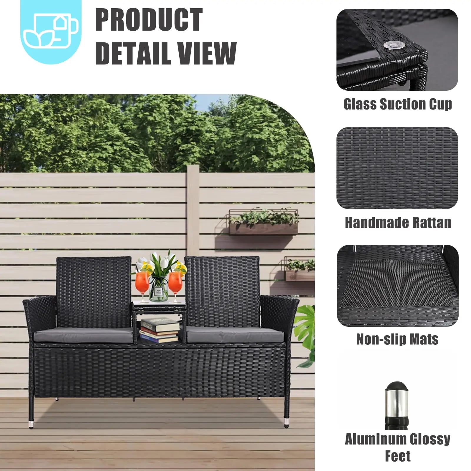 Tappio Outdoor Rattan Loveseat, Patio Rattan Conversation Set Seat Sofa Cushioned Loveseat Table Chairs with Built-in Coffee Table, Black/Gray