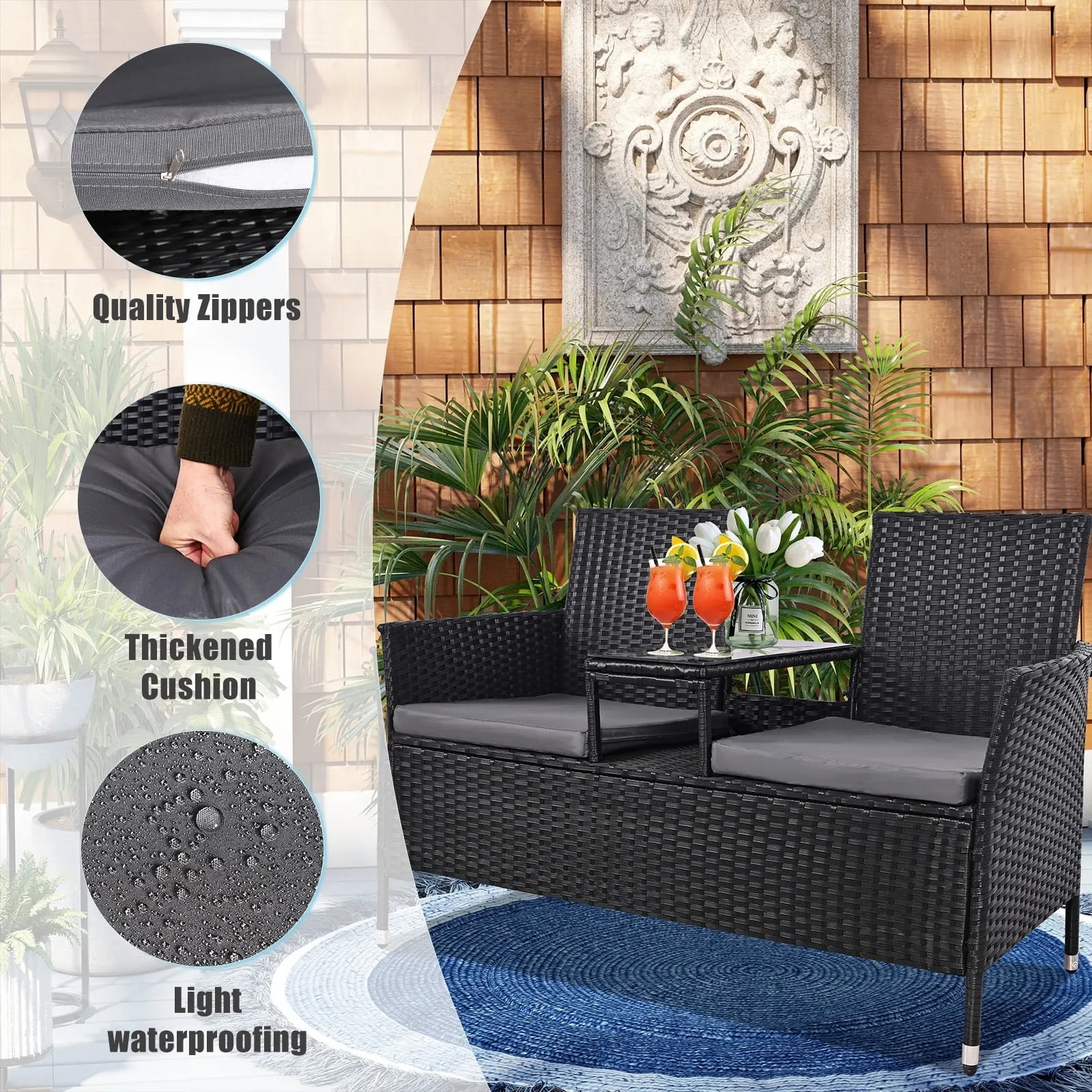 Tappio Outdoor Rattan Loveseat, Patio Rattan Conversation Set Seat Sofa Cushioned Loveseat Table Chairs with Built-in Coffee Table, Black/Gray