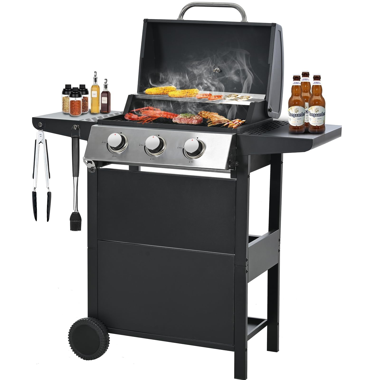 Tappio Propane Gas Grill Barbecue Grill 3 Burner, Stainless Steel 30000 BTU Patio Garden BBQ Grill with Two Shelves, Tool Holder, Wheels and Bottle Opener ﻿