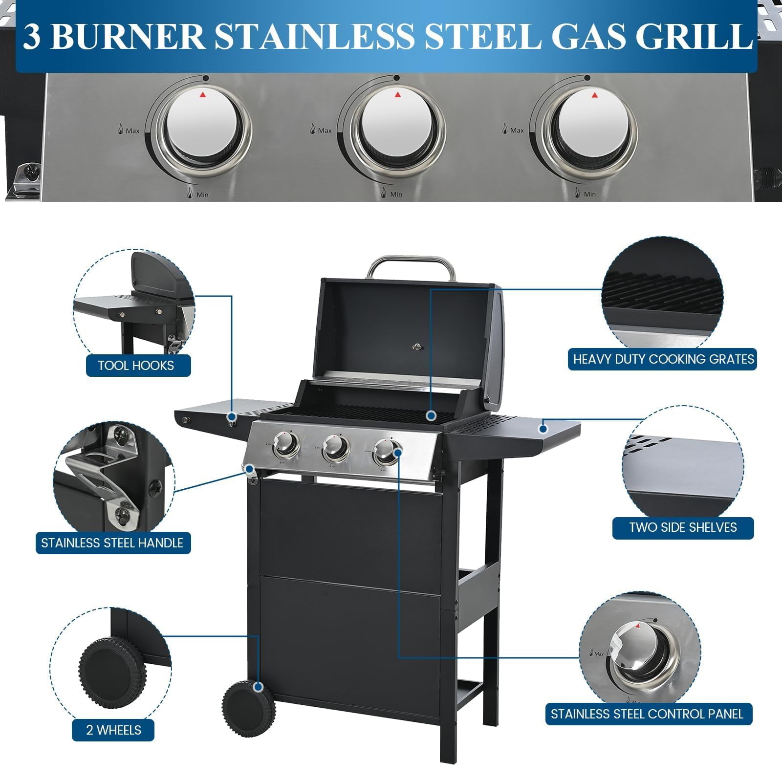 Tappio Propane Gas Grill Barbecue Grill 3 Burner, Stainless Steel 30000 BTU Patio Garden BBQ Grill with Two Shelves, Tool Holder, Wheels and Bottle Opener ﻿