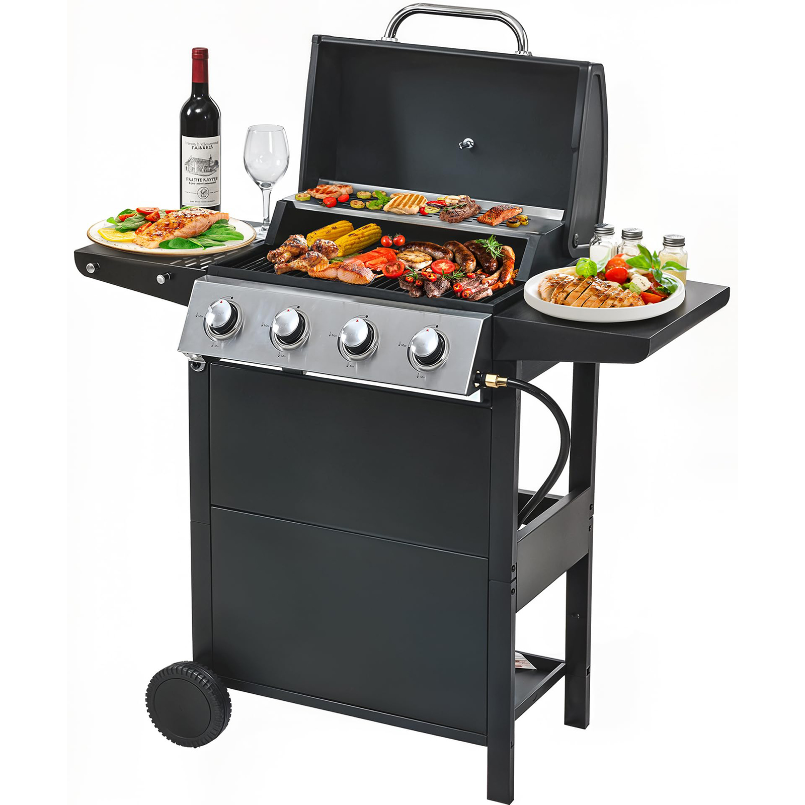 Tappio Propane Gas Grill Barbecue Grill 4 Burner, Stainless Steel 34000 BTU Patio Garden BBQ Grill with Two Shelves, Tool Holder, Wheels and Bottle Opener ﻿