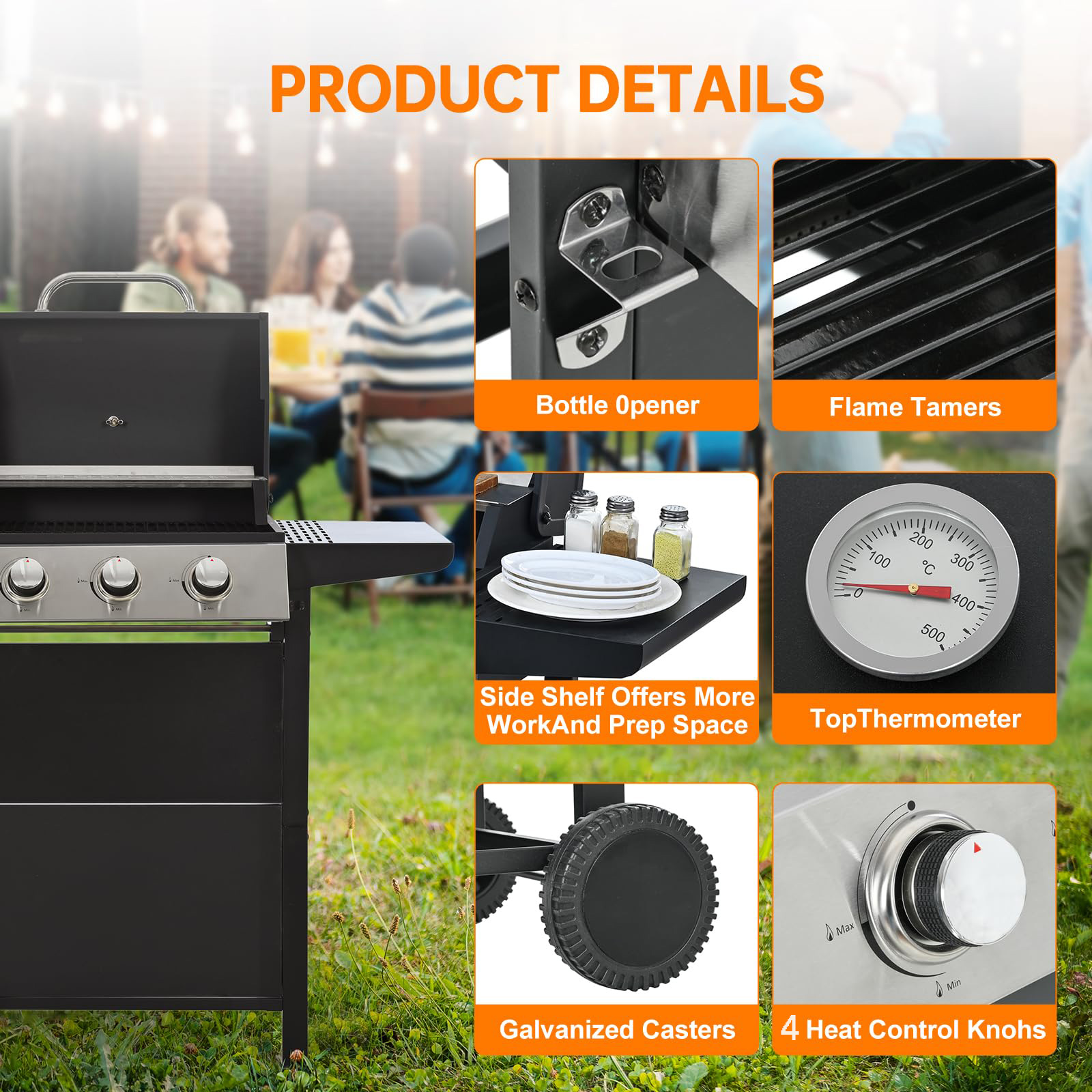 Tappio Propane Gas Grill Barbecue Grill 4 Burner, Stainless Steel 34000 BTU Patio Garden BBQ Grill with Two Shelves, Tool Holder, Wheels and Bottle Opener ﻿