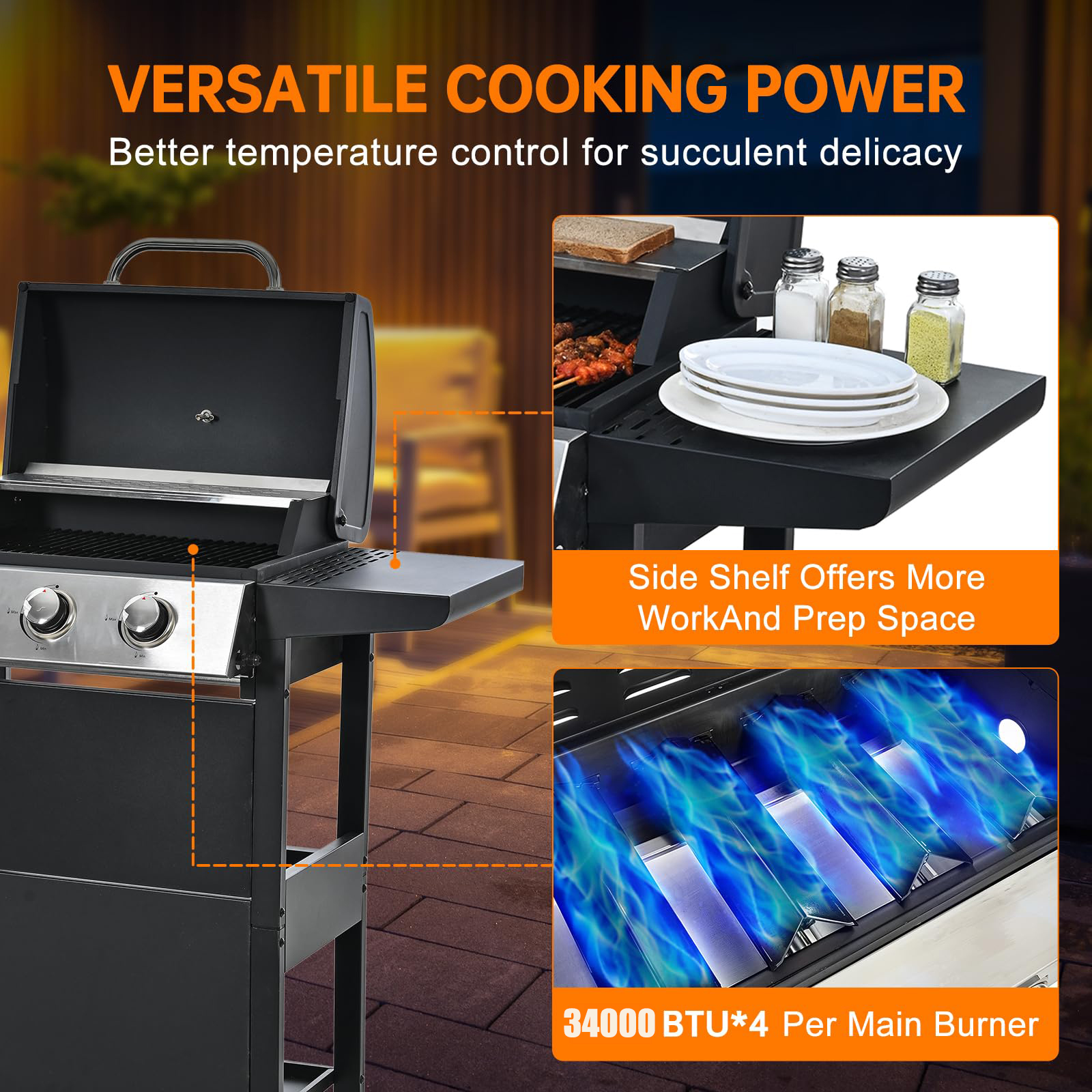 Tappio Propane Gas Grill Barbecue Grill 4 Burner, Stainless Steel 34000 BTU Patio Garden BBQ Grill with Two Shelves, Tool Holder, Wheels and Bottle Opener ﻿