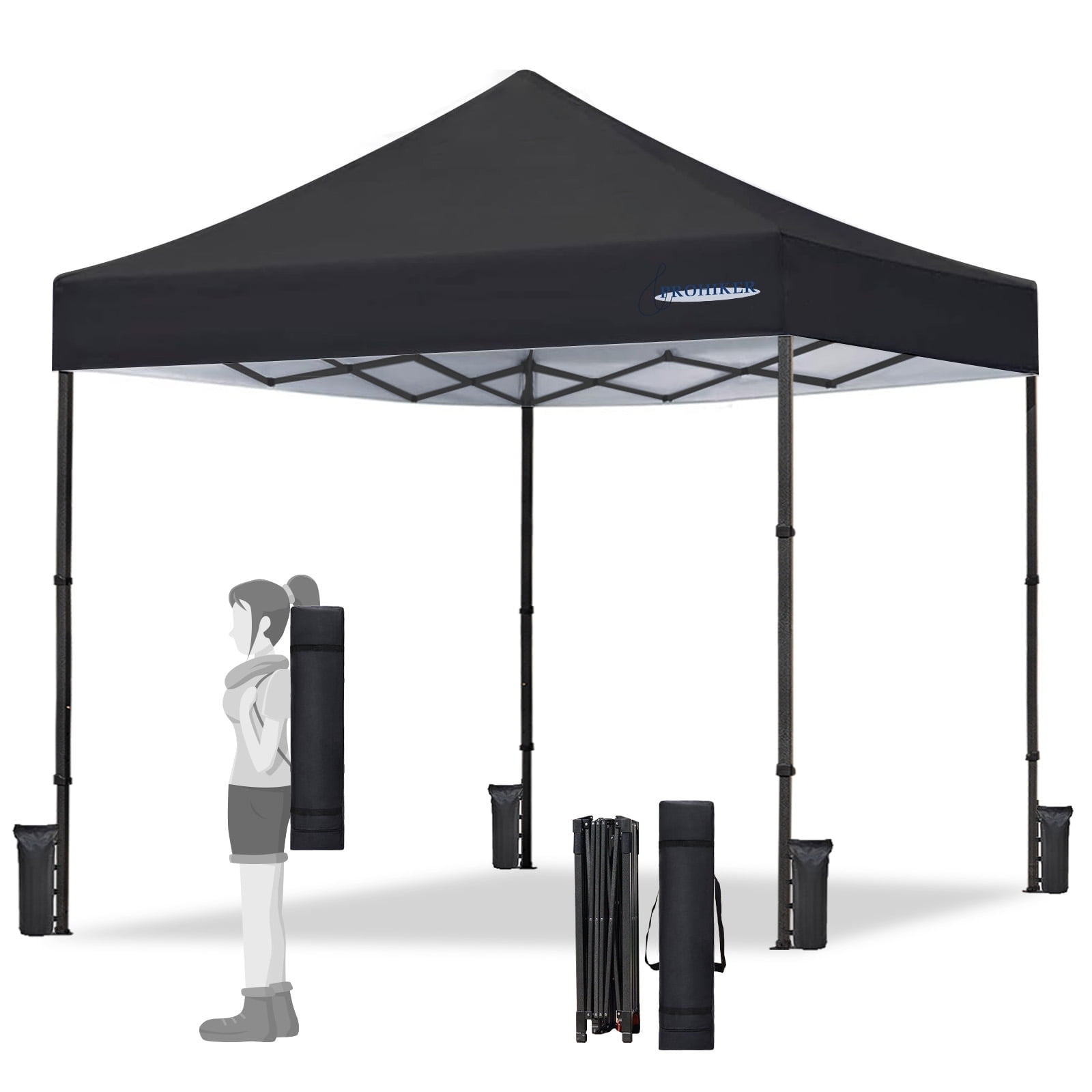 PROHIKER 10'x10' Pop Up Canopy Tent, Portable Instant Outdoor Gazebo Tent with 8 Stakes, 4 Ropes, 4 Sandbags and 1 Handbag, Waterproof Outdoor Canopy Tent for Carport, Camping and Backyard, Black