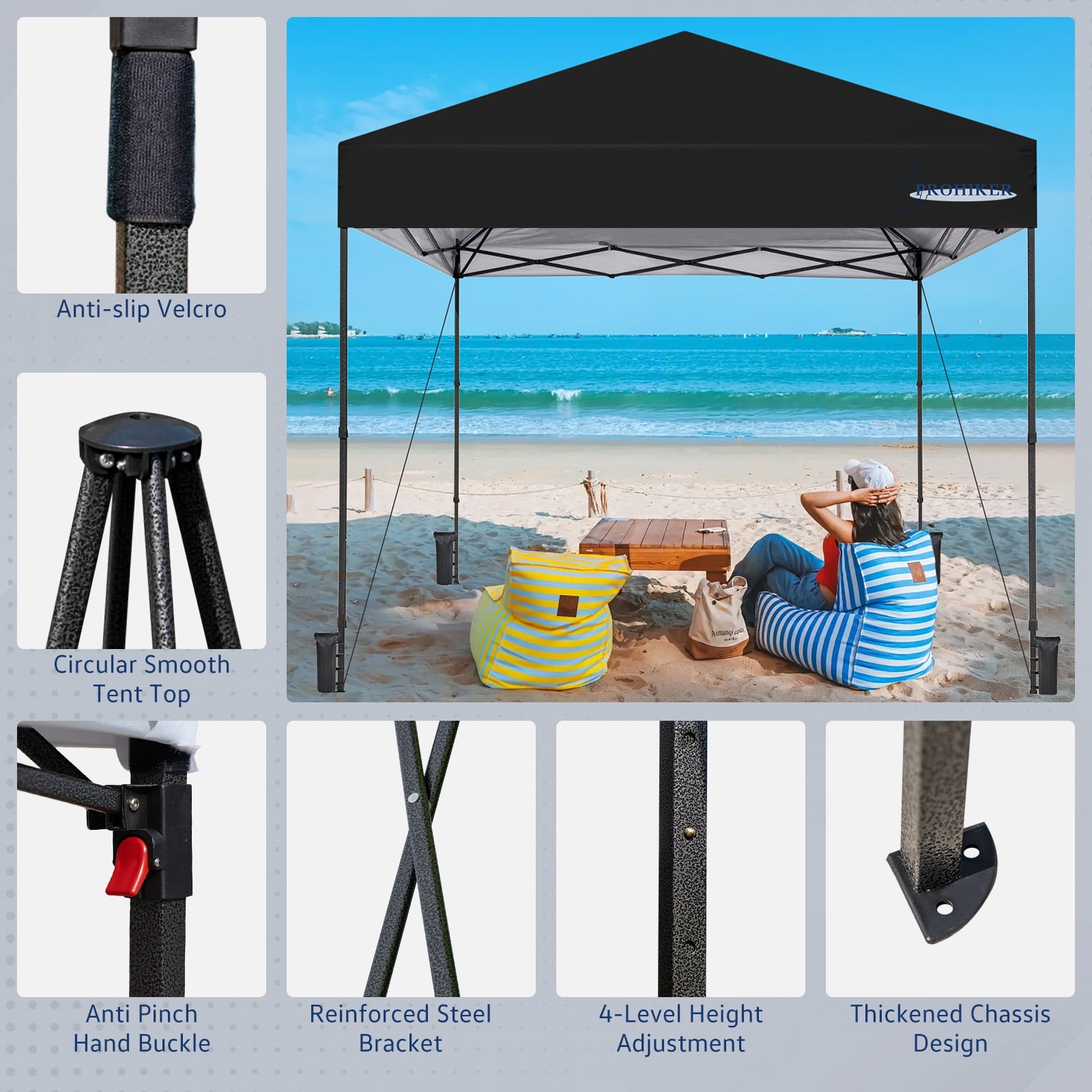 PROHIKER 10'x10' Pop Up Canopy Tent, Portable Instant Outdoor Gazebo Tent with 8 Stakes, 4 Ropes, 4 Sandbags and 1 Handbag, Waterproof Outdoor Canopy Tent for Carport, Camping and Backyard, Black