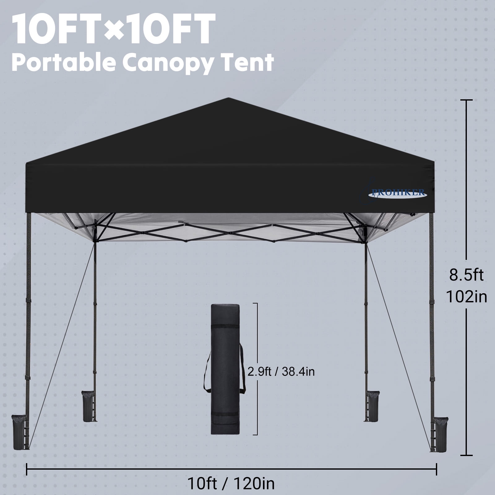 PROHIKER 10'x10' Pop Up Canopy Tent, Portable Instant Outdoor Gazebo Tent with 8 Stakes, 4 Ropes, 4 Sandbags and 1 Handbag, Waterproof Outdoor Canopy Tent for Carport, Camping and Backyard, Black
