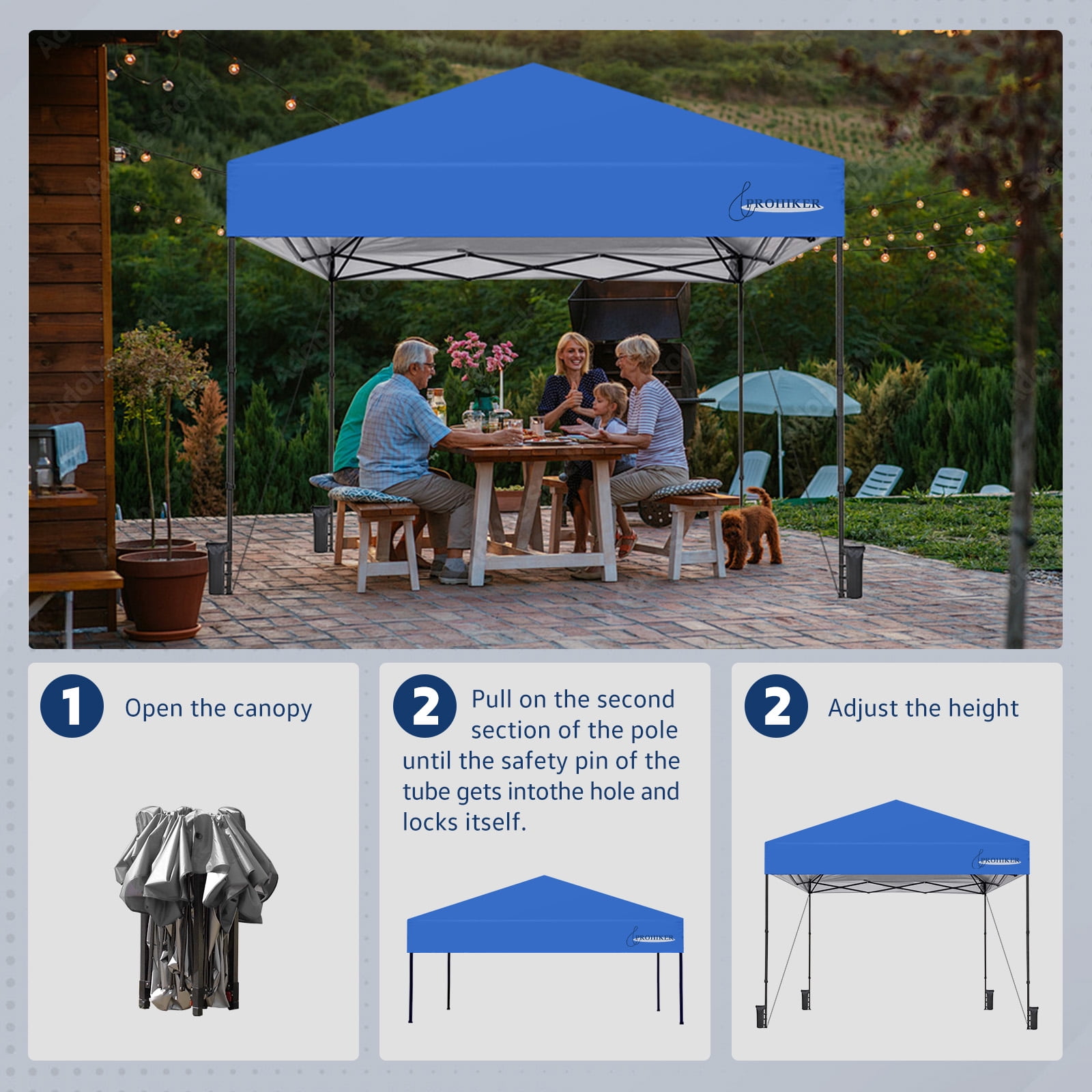 PROHIKER 10'x10' Pop Up Canopy Tent, Portable Instant Outdoor Gazebo Tent with 8 Stakes, 4 Ropes, 4 Sandbags and 1 Handbag, Waterproof Outdoor Canopy Tent for Carport, Camping and Backyard, Blue