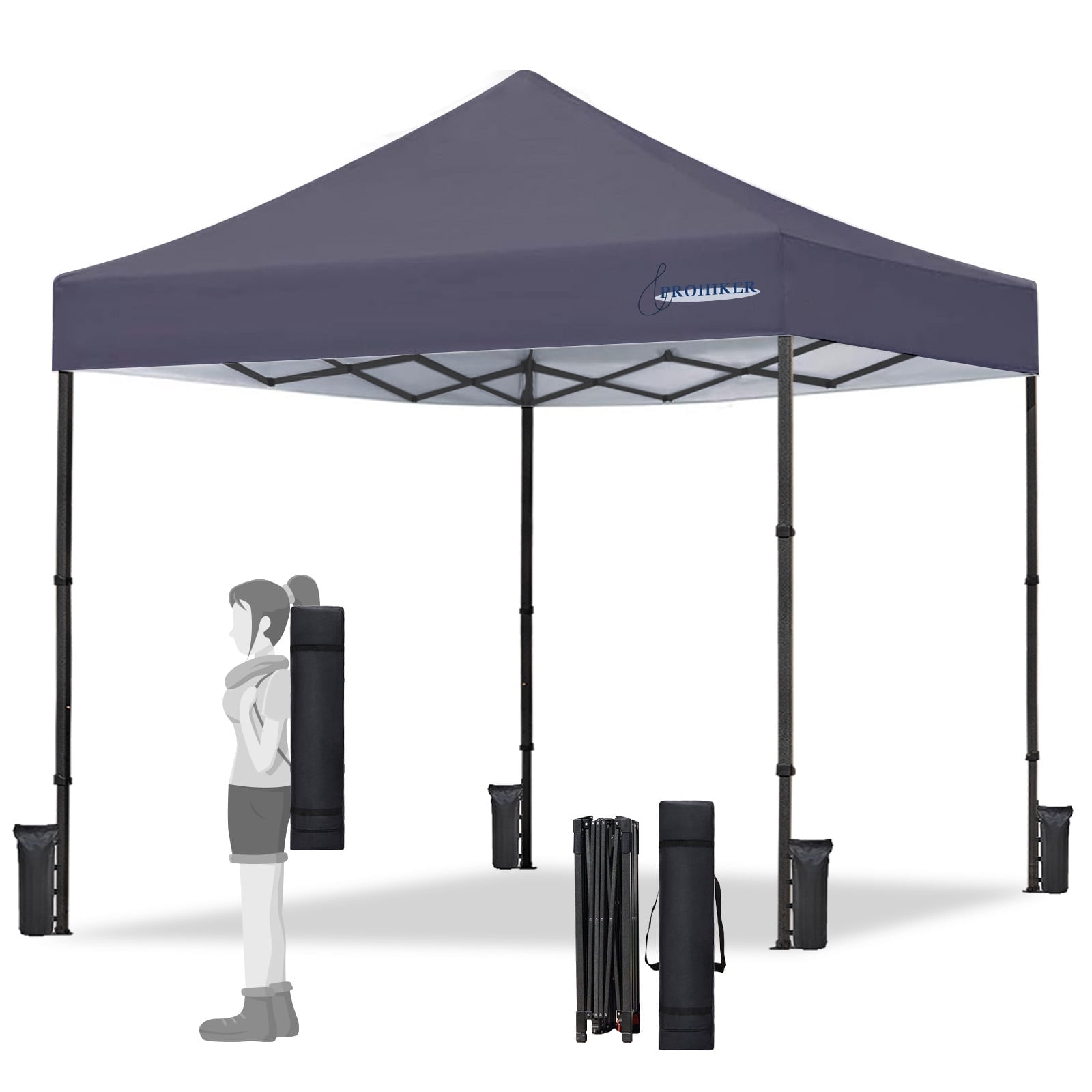 PROHIKER 10'x10' Pop Up Canopy Tent, Portable Instant Outdoor Gazebo Tent with 8 Stakes, 4 Ropes, 4 Sandbags and 1 Handbag, Waterproof Outdoor Canopy Tent for Carport, Camping and Backyard, Gray