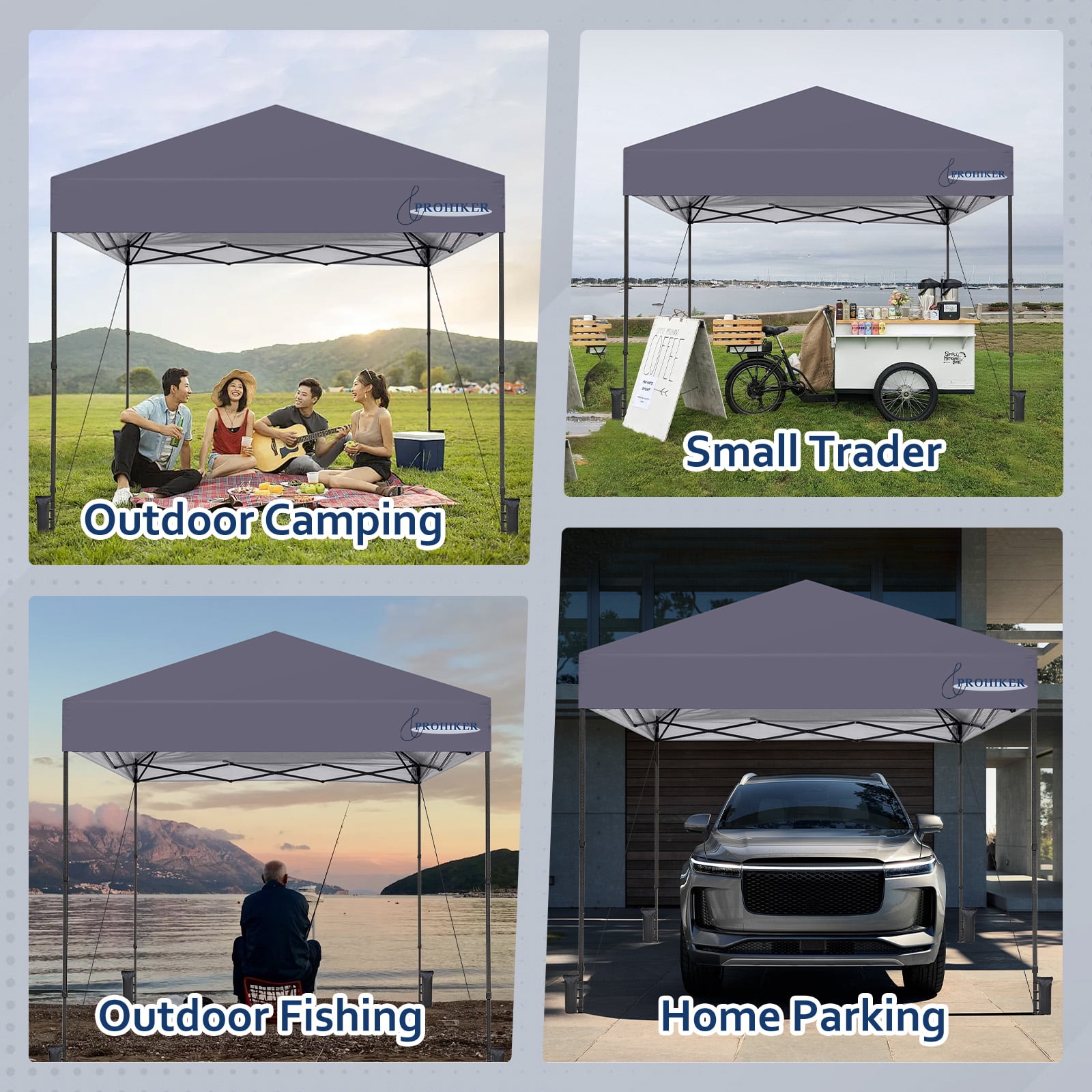 PROHIKER 10'x10' Pop Up Canopy Tent, Portable Instant Outdoor Gazebo Tent with 8 Stakes, 4 Ropes, 4 Sandbags and 1 Handbag, Waterproof Outdoor Canopy Tent for Carport, Camping and Backyard, Gray