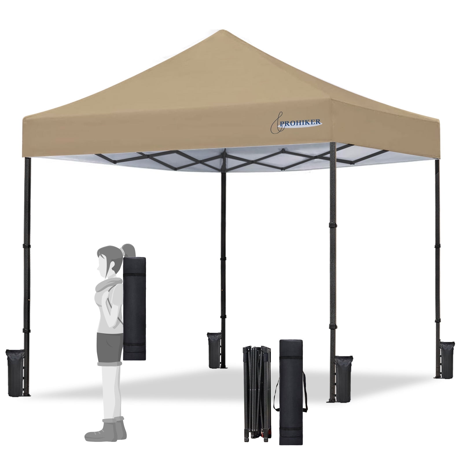 PROHIKER 10'x10' Pop Up Canopy Tent, Portable Instant Outdoor Gazebo Tent with 8 Stakes, 4 Ropes, 4 Sandbags and 1 Handbag, Waterproof Outdoor Canopy Tent for Carport, Camping and Backyard, Khaki