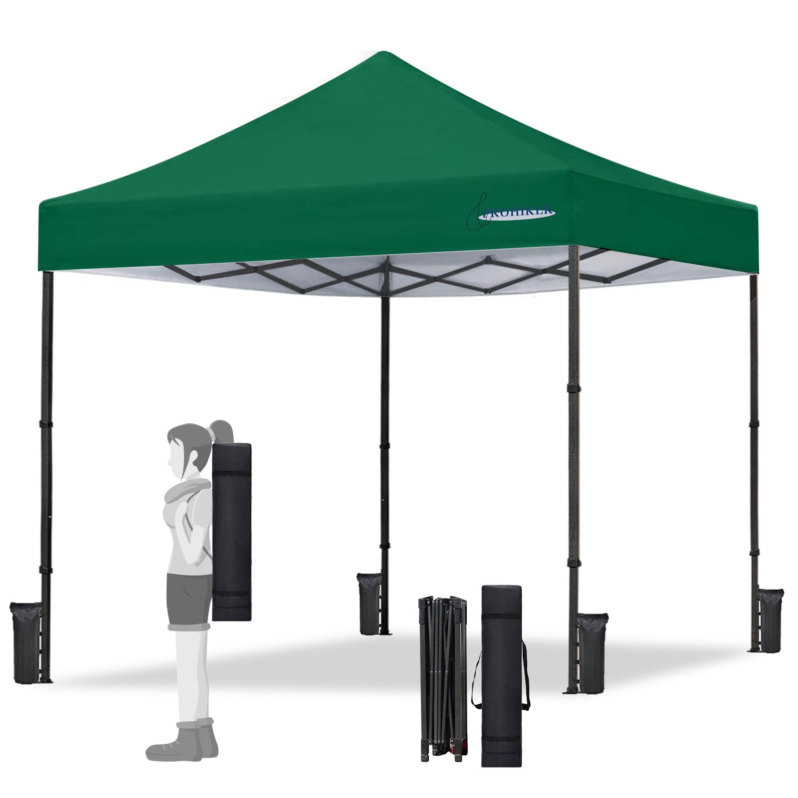PROHIKER 10'x10' Pop Up Canopy Tent, Portable Instant Outdoor Gazebo Tent with 8 Stakes, 4 Ropes, 4 Sandbags and 1 Handbag, Waterproof Outdoor Canopy Tent for Carport, Camping and Backyard, Green