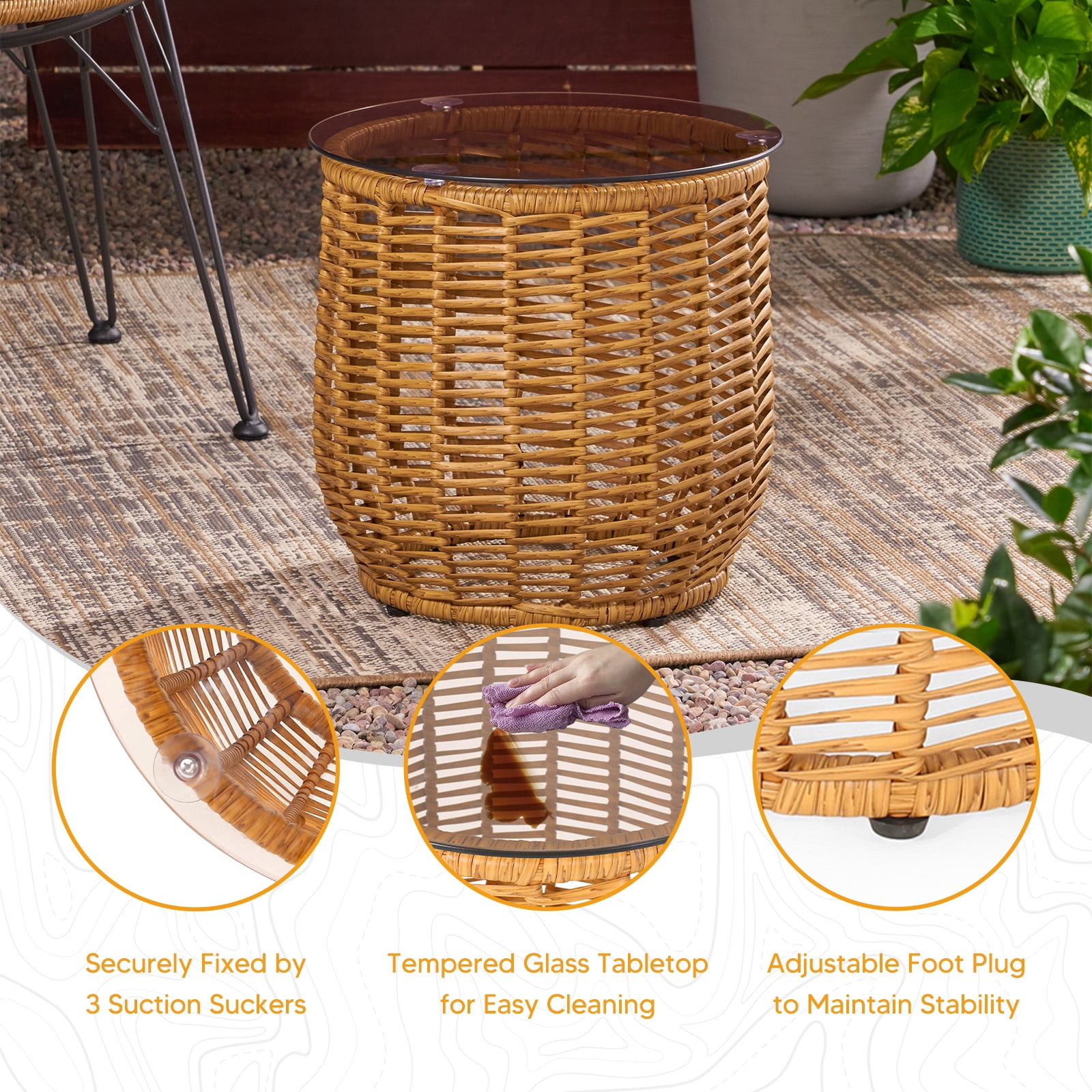 Tappio Patio Rattan Round Side End Table, Tempered Glass Top End Table with Adjustable Foot Pads, Natural Wood Color Small Bistro Table ﻿