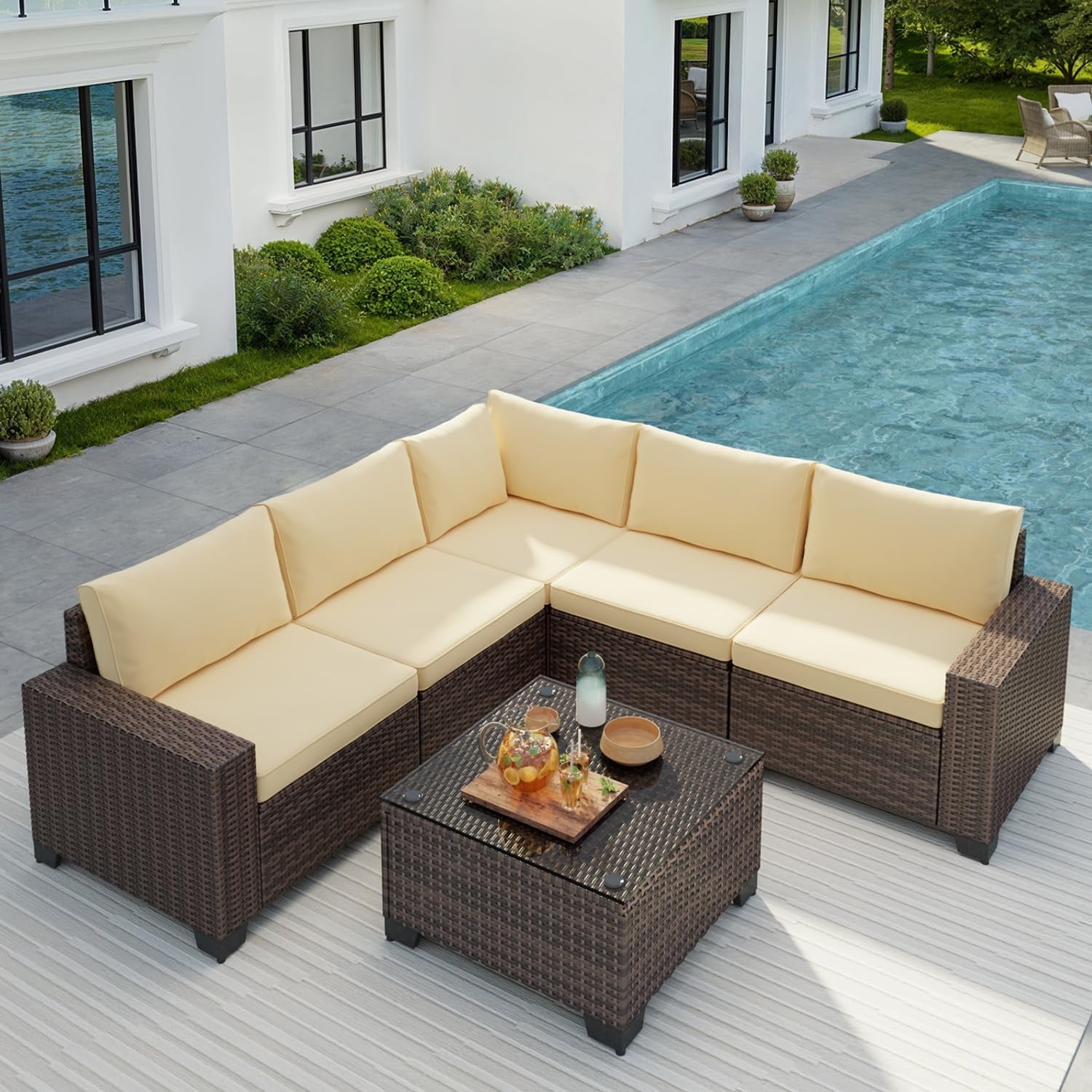 Tappio 6 Pieces Patio Furniture Set, All-Weather PE Rattan Sectional Sofa with Tempered Glass Coffee Table & Waterproof Cushions, Outdoor Modern Sectional Furniture for Garden Lawn Yard, Brown/Beige