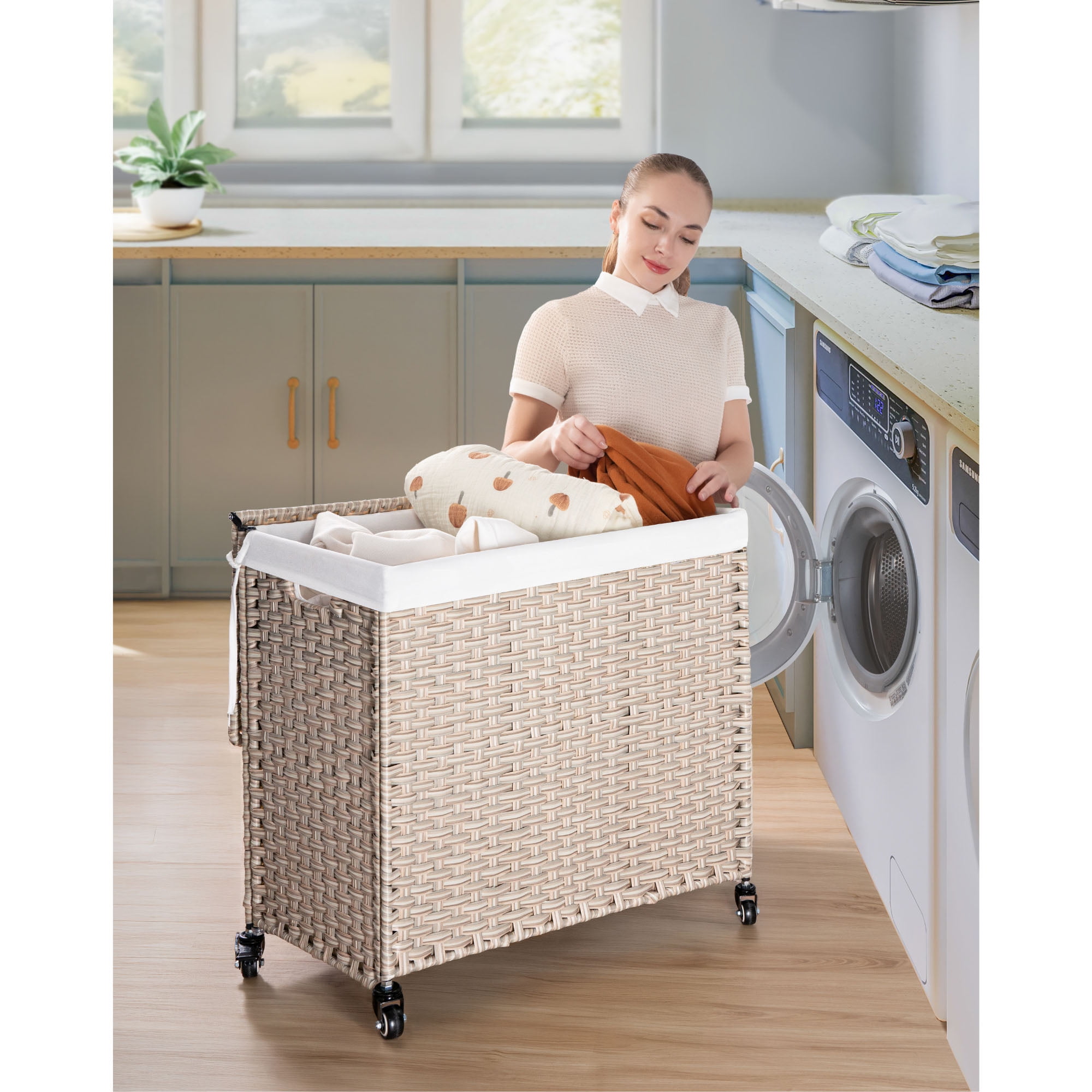 Tappio 160L Large Laundry Hamper with Lid and Handles, Foldable Laundry Basket with Lockable Universal Wheels and 2 Detachable Oxford Laundry Bags, Powder Coated Steel, Natural