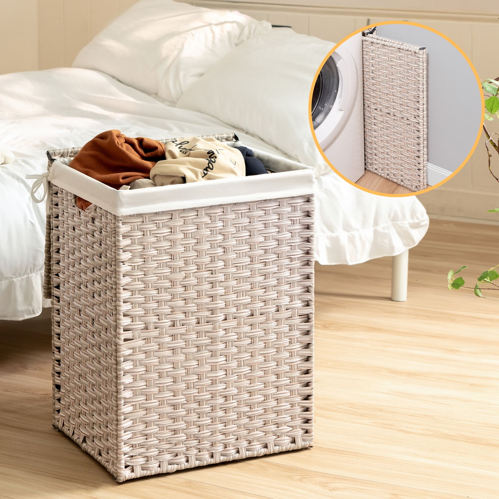 Tappio 100L Laundry Hamper with Lid and Handles, Foldable Laundry Basket with Detachable Oxford Laundry Bag, Powder Coated Steel, Natural
