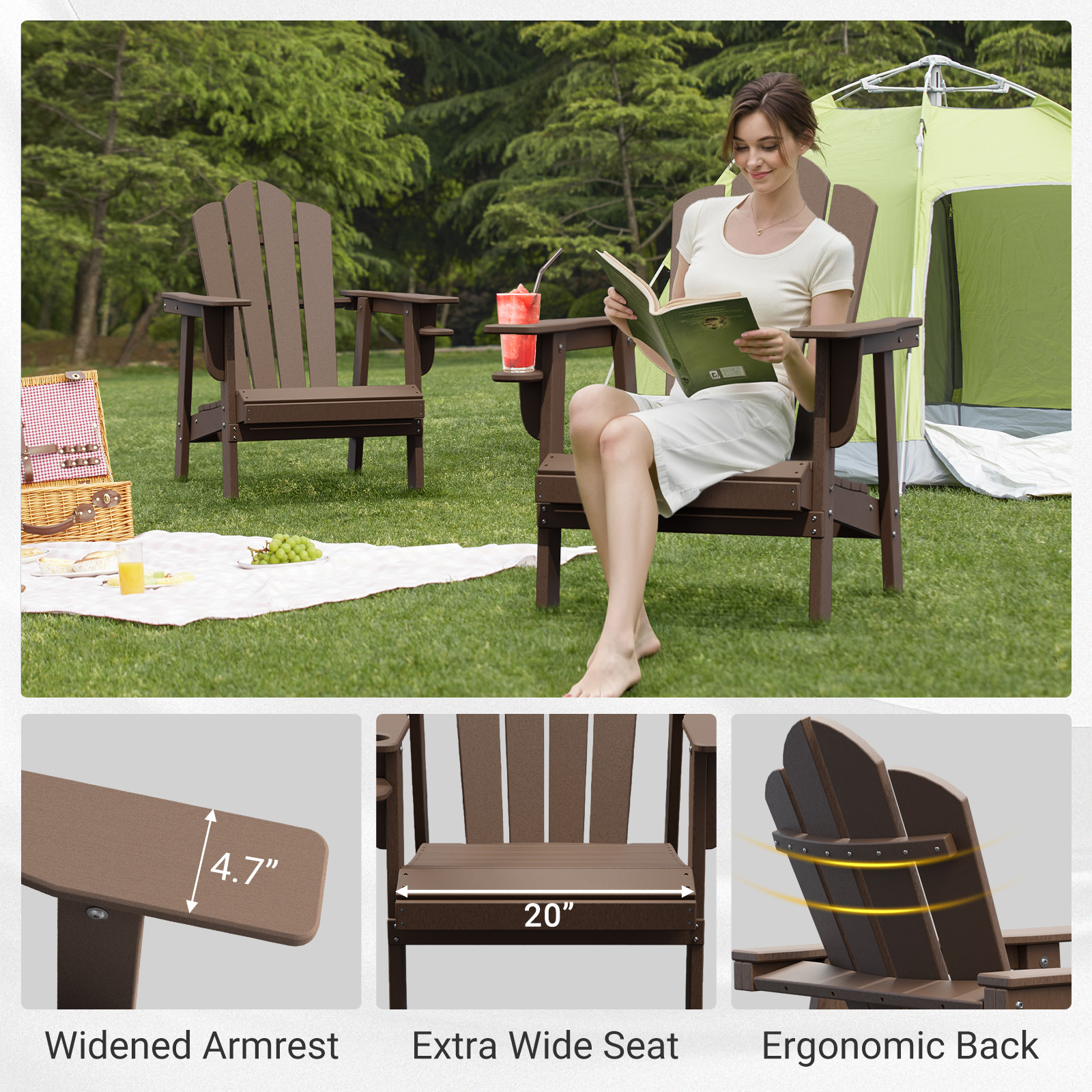 Tappio Adirondack Chair, All Weather Outdoor Patio Chair with Cup Holder, Porch Poolside Chair for Lawn, Yard, Brown
