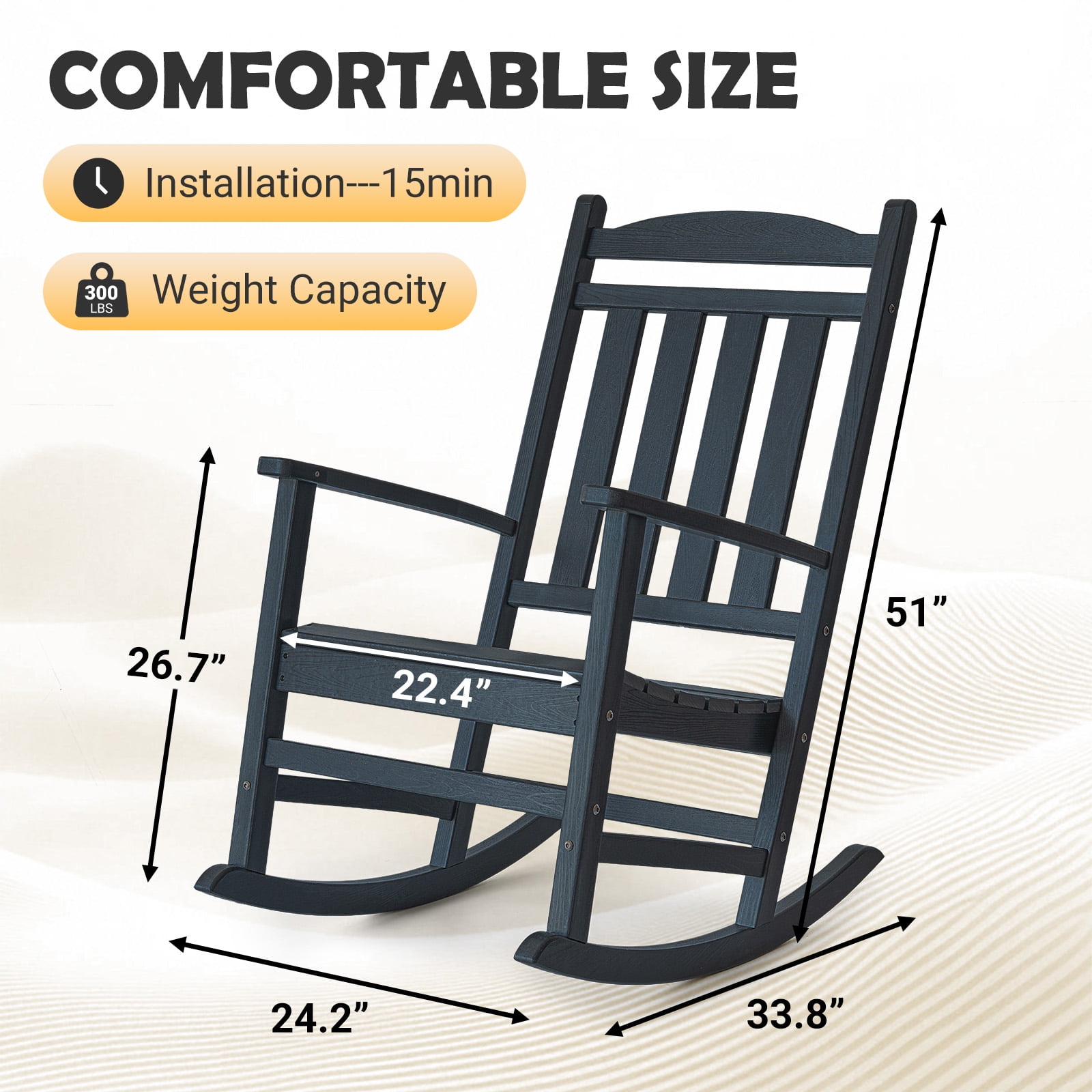 Tappio HDPE Rocking Chair All Weather Porch Rocker with High Backrest, Outdoor Indoor Rocking Armchair, Black