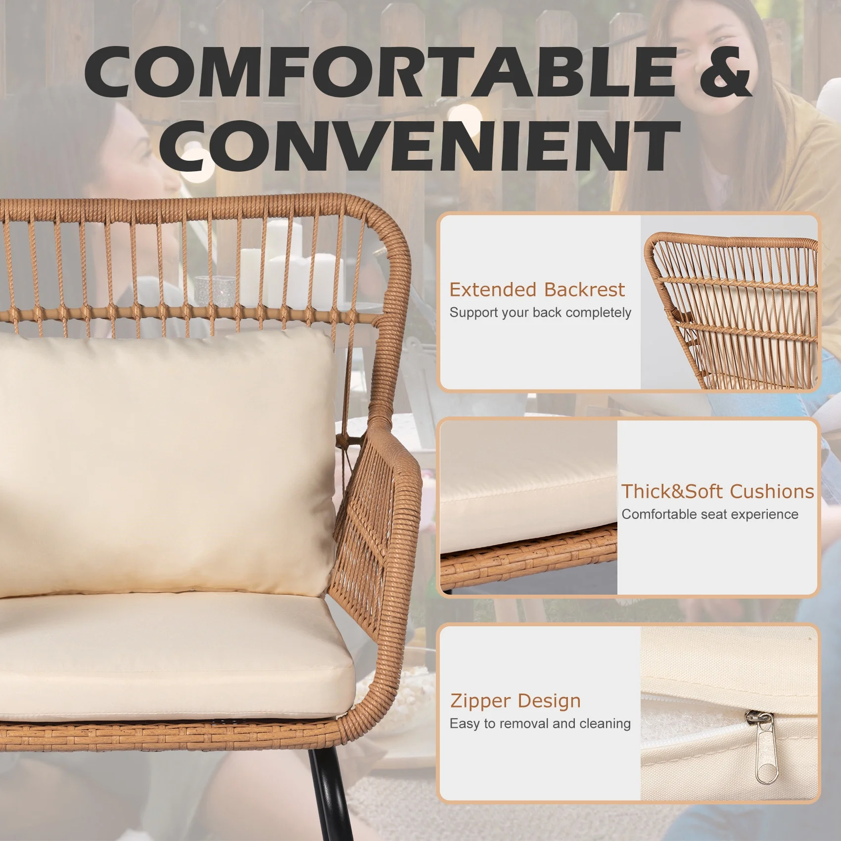 Tappio 3-Piece Patio Conversation Bistro Set Rattan Furniture, Outdoor Patio Set w/Glass Top Table & Cushions for Garden Balcony Backyard Poolside