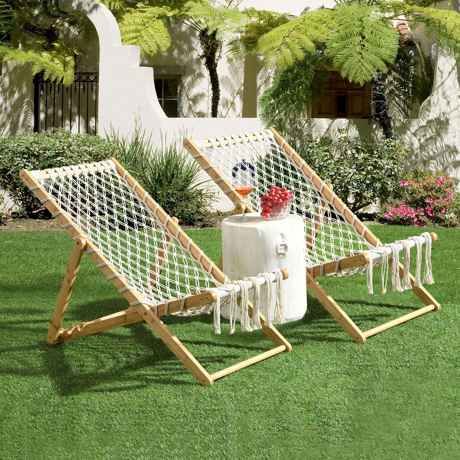 Tappio Foldable Patio Chairs Set of 2, All Weather Outdoor Chaise Patio Lounge Chairs Accent Chairs with 3 Adjustable Backrest Positions, No Assembly, Bamboo Frame, Natural