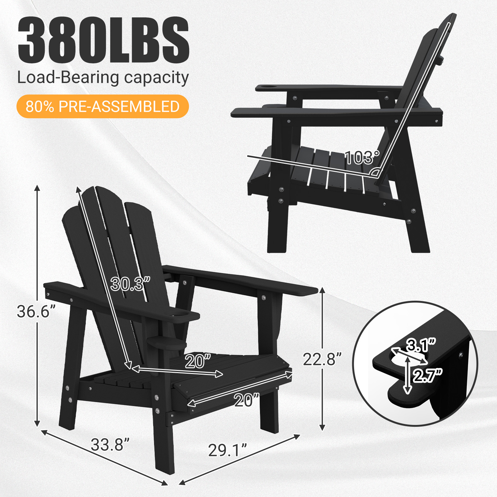 Tappio Adirondack Chair, All Weather Outdoor Patio Chair with Cup Holder, Porch Poolside Chair for Lawn, Yard, Black