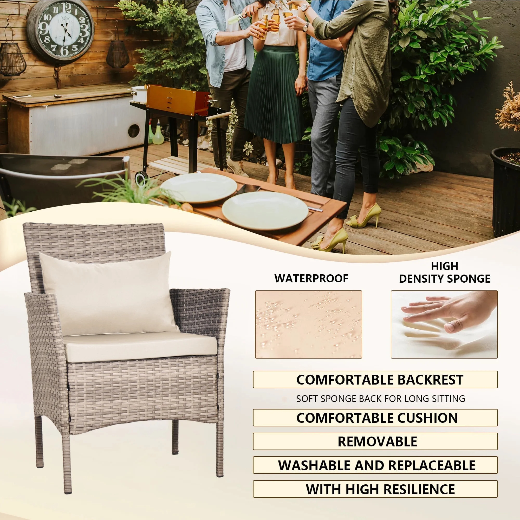 Tappio 3 Piece Patio Conversation Bistro Set Outdoor Chat Furniture, Porch Balcony Furniture Set,Wicker Chairs and Storable Table Set for Patio Balcony Backyard Apartment, Gray/Beige