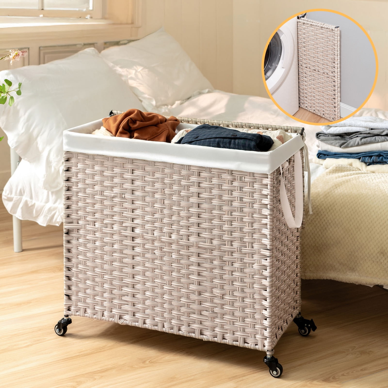 Tappio 160L Large Laundry Hamper with Lid and Handles, Foldable Laundry Basket with Lockable Universal Wheels and 2 Detachable Oxford Laundry Bags, Powder Coated Steel, Natural