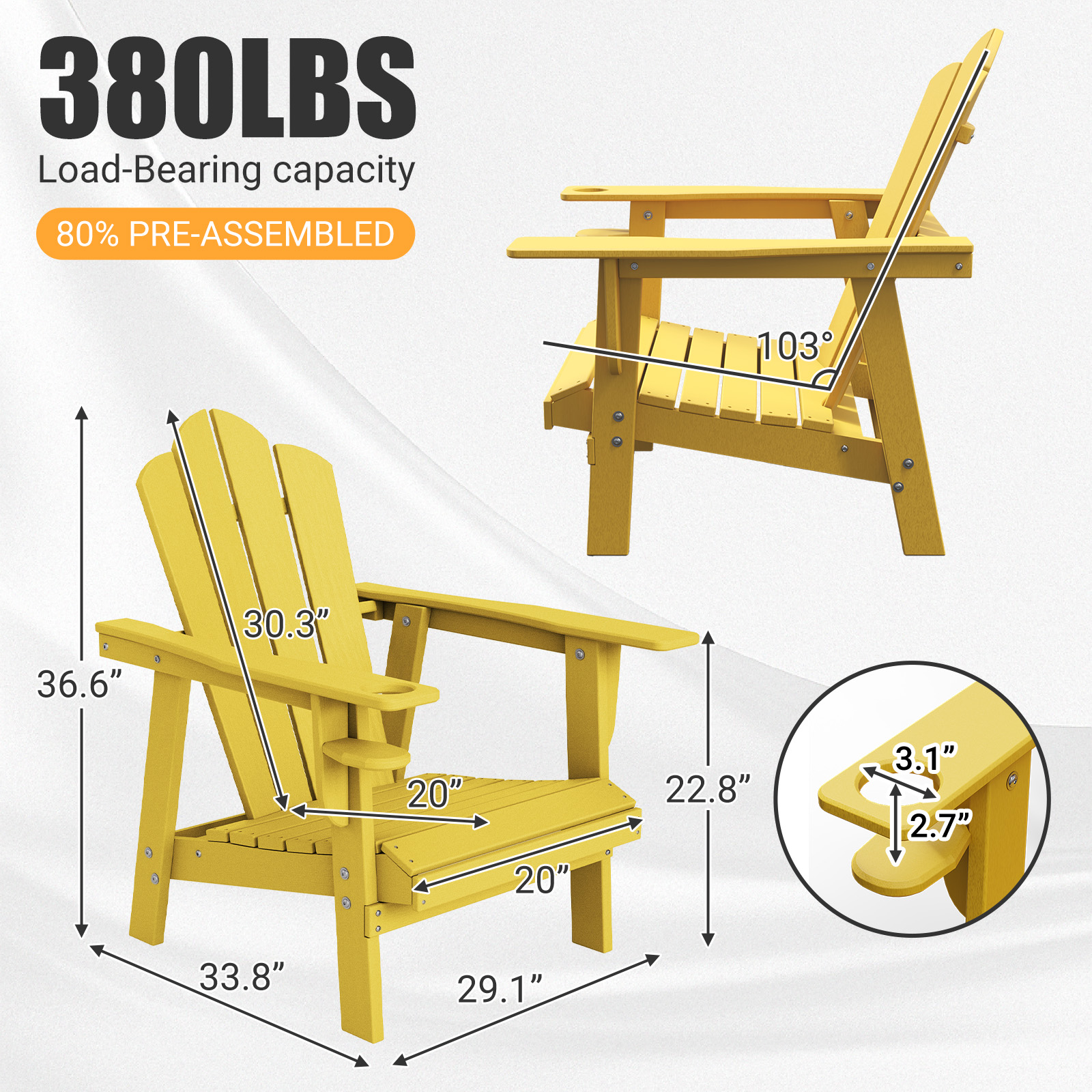 Tappio Adirondack Chair, All Weather Outdoor Patio Chair with Cup Holder, Porch Poolside Chair for Lawn, Yard, Yellow