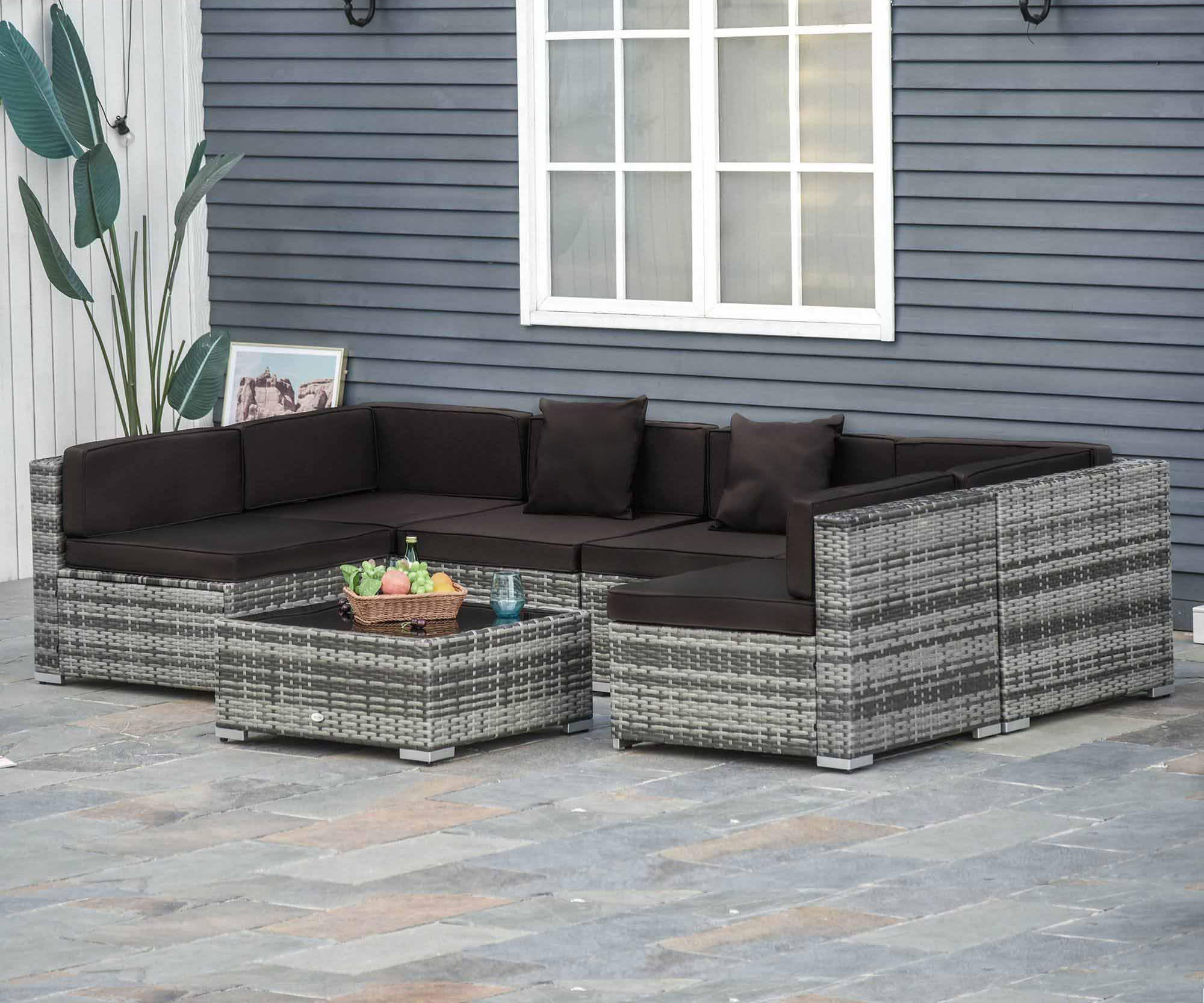 Tappio 7 Pieces Outdoor Patio Furniture Sets, PE Rattan Wicker Patio Conversation Sectional Set with Washable Thick Cushions and Tea Table, Gray/Black