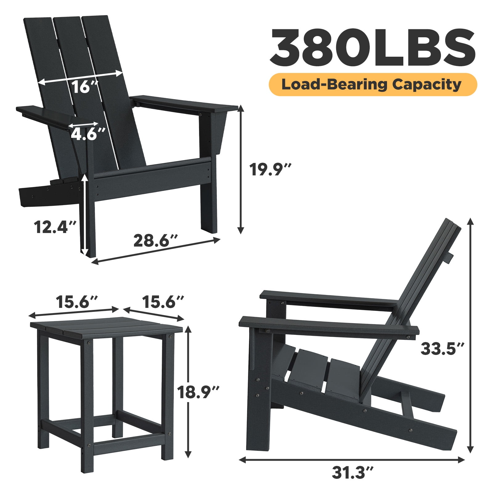 Tappio 3 Piece Patio Furniture Set, Plastic Adirondack Chairs Set with Side Table, All Weather, Easy Assembly
