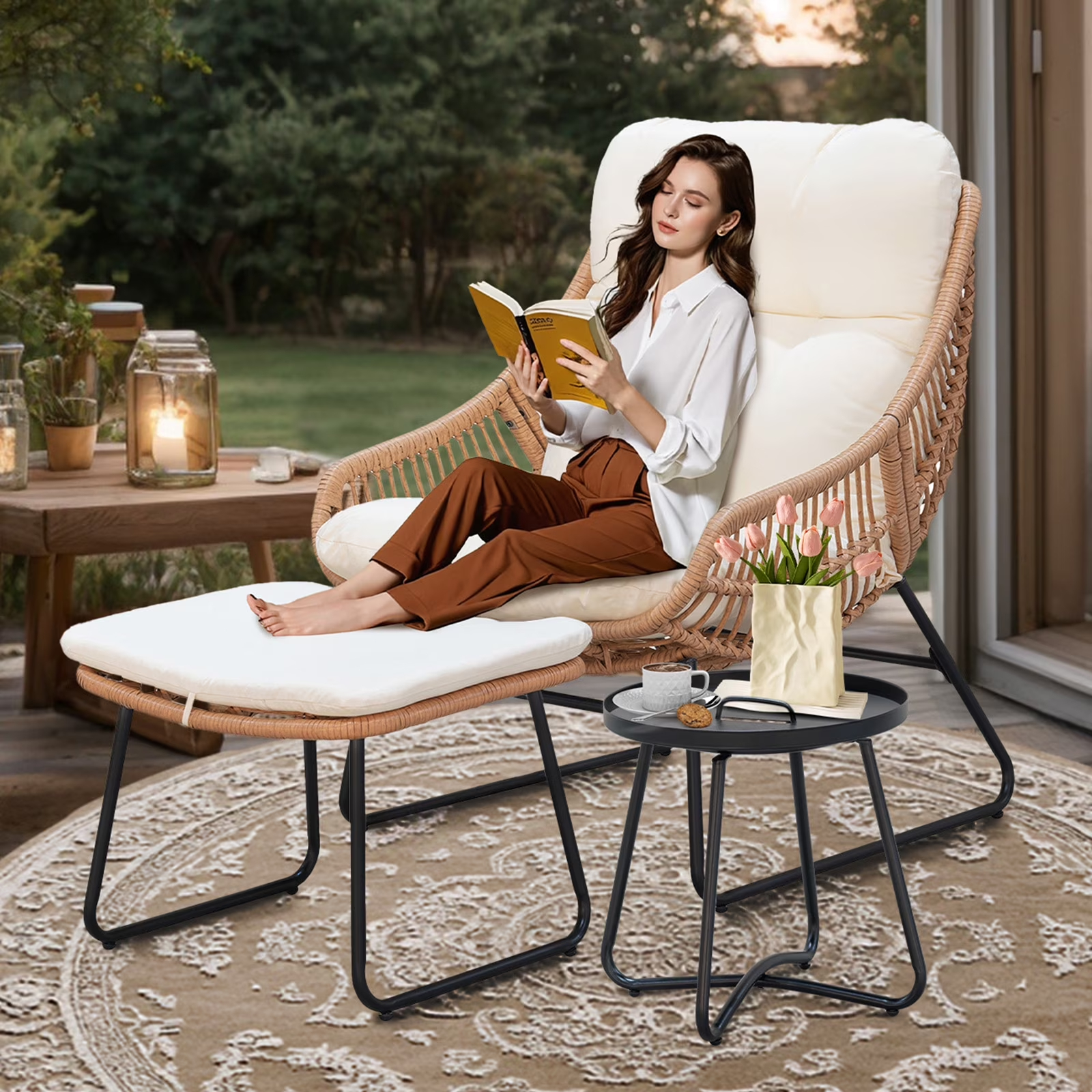 Tappio 3 PCS Wicker Papasan Egg Chair, Outdoor Patio Basket Lounge Chair Indoor Oversized Egg Lounger with Thick Cushion and Table for Living Room Bedroom Balcony Porch