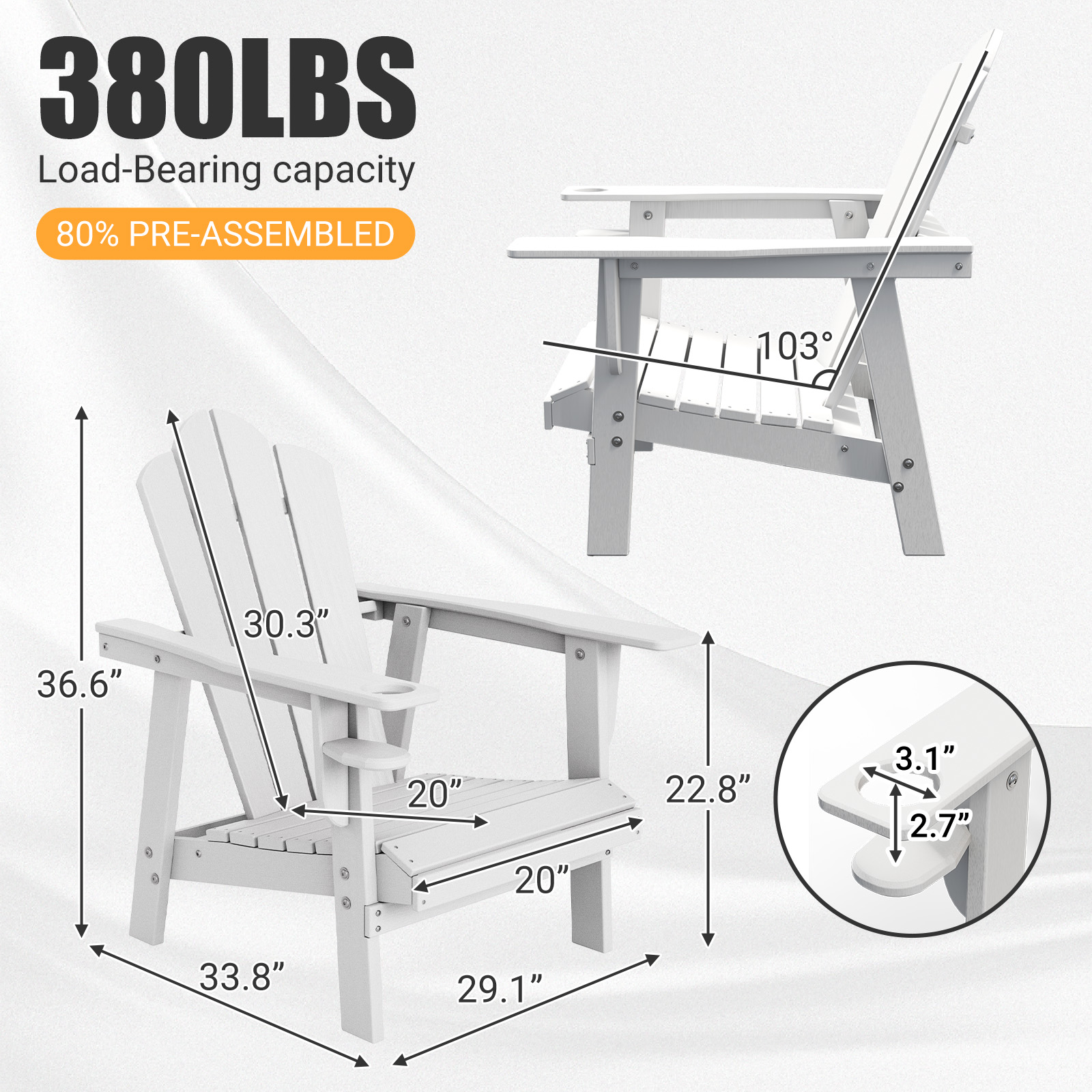 Tappio Adirondack Chair, All Weather Outdoor Patio Chair with Cup Holder, Porch Poolside Chair for Lawn, Yard, White