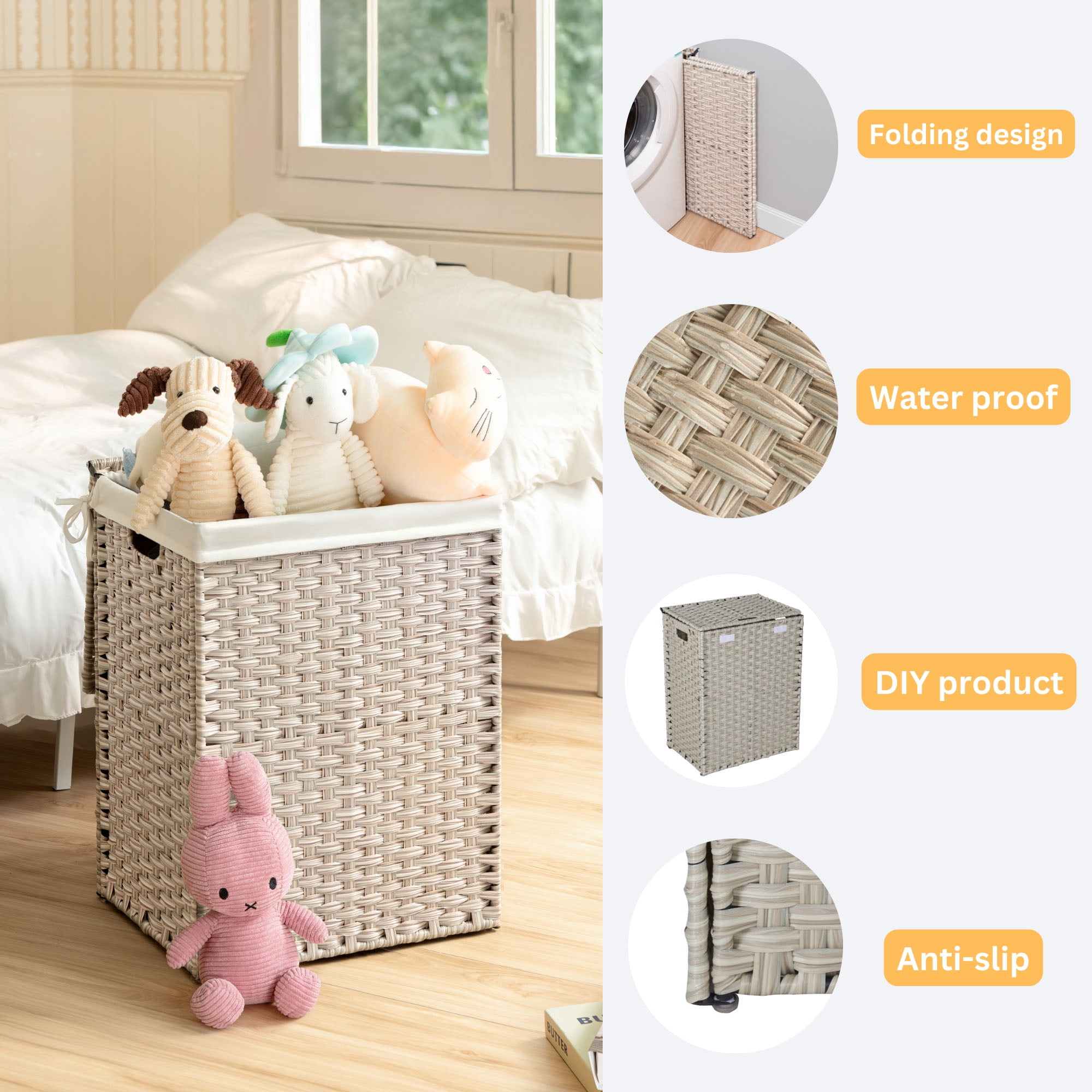 Tappio 100L Laundry Hamper with Lid and Handles, Foldable Laundry Basket with Detachable Oxford Laundry Bag, Powder Coated Steel, Natural