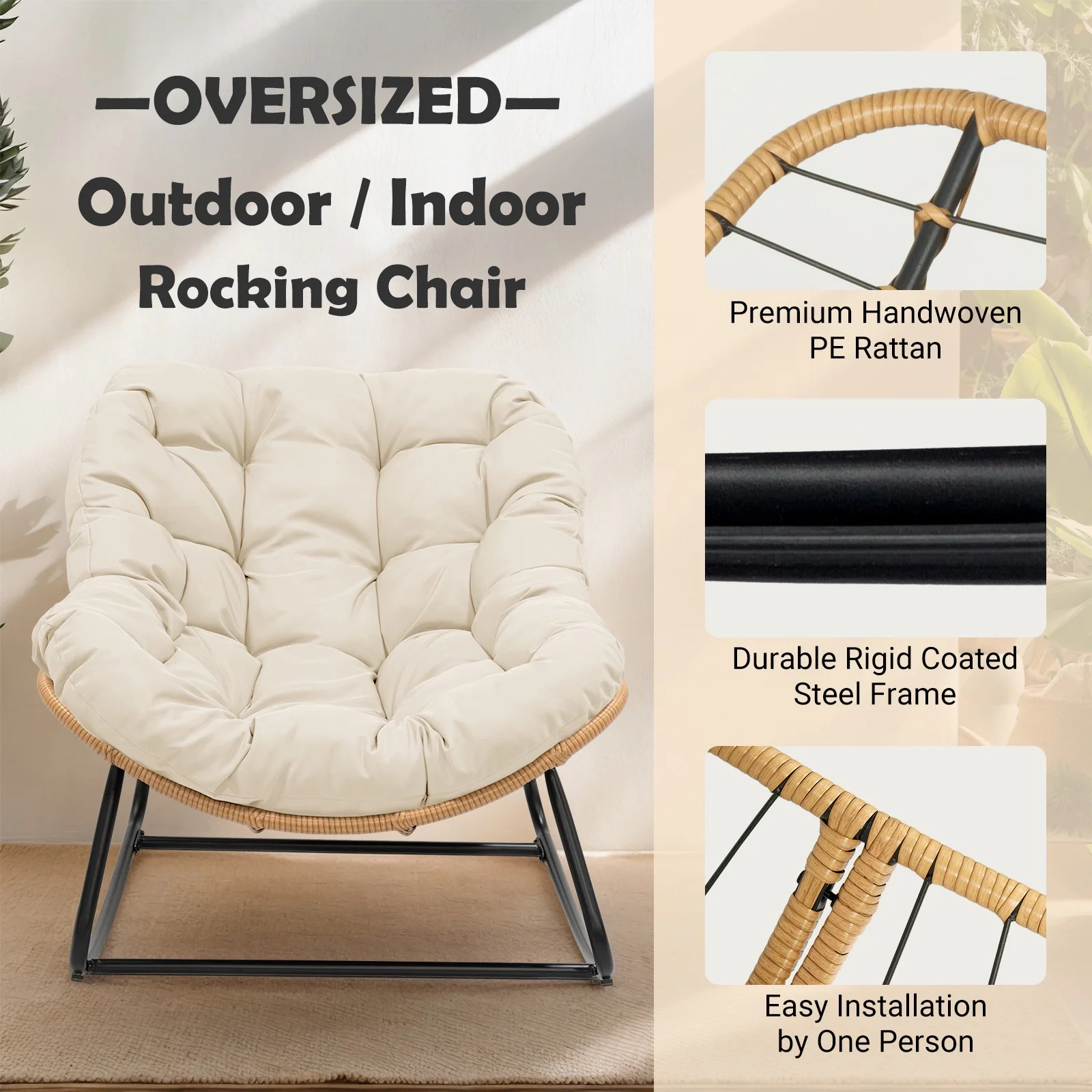 Tappio Outdoor Rocking Egg Chair, Indoor Papasan Chair Rattan Patio Wicker Lounge with Thick Cushion for Bedroom Living Room Garden Porch Backyard