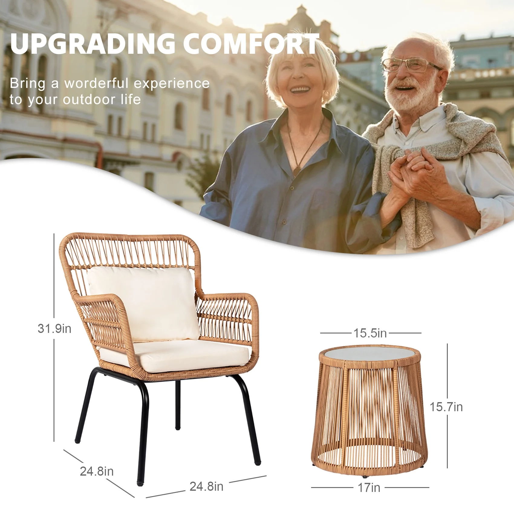 Tappio 3-Piece Patio Conversation Bistro Set Rattan Furniture, Outdoor Patio Set w/Glass Top Table & Cushions for Garden Balcony Backyard Poolside