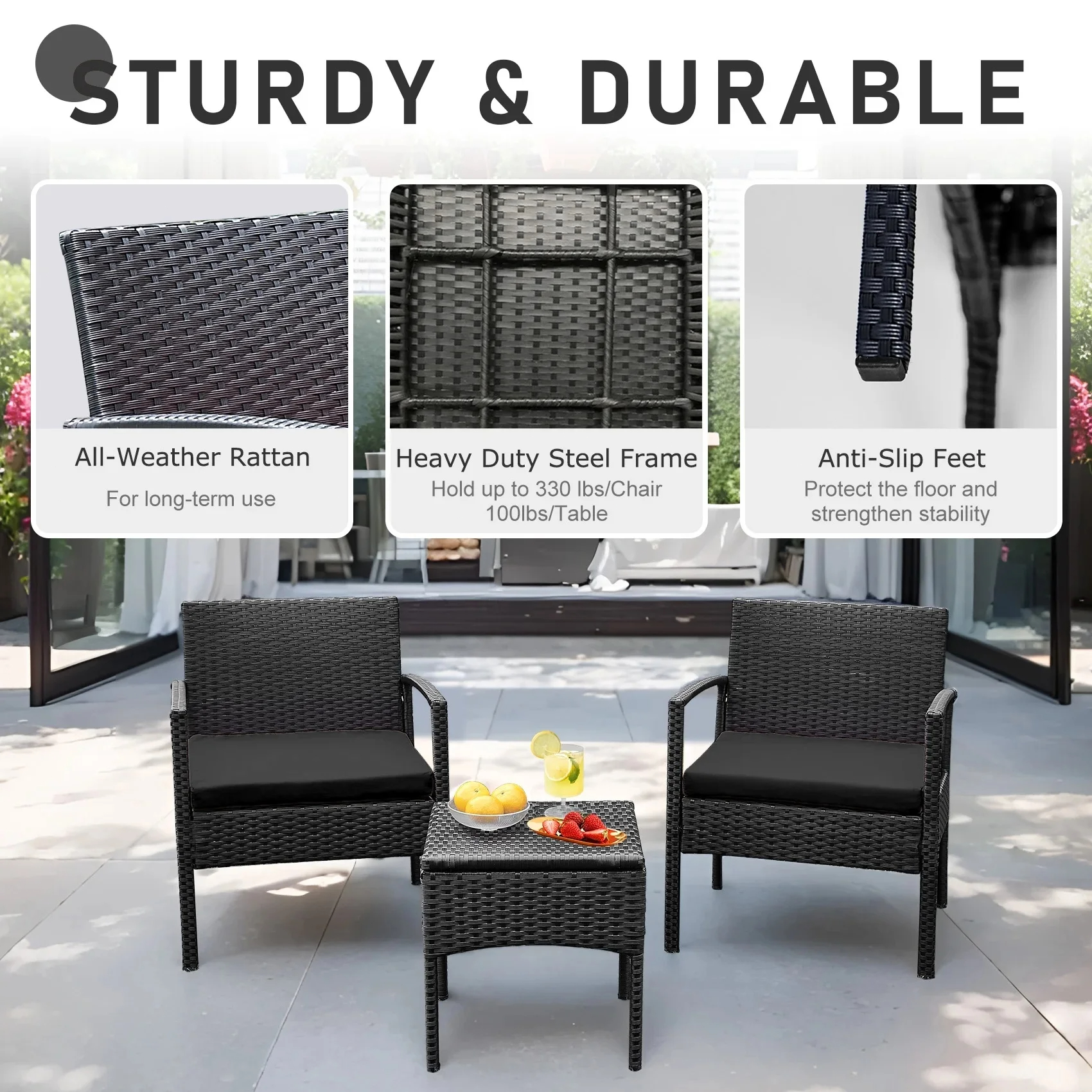 Tappio Outdoor Furniture 3 Piece Patio Bistro Furniture Set, Rattan Conversation Chairs Set with Side Table and Cushions, Patio Furniture Sets for Balcony Garden Porch