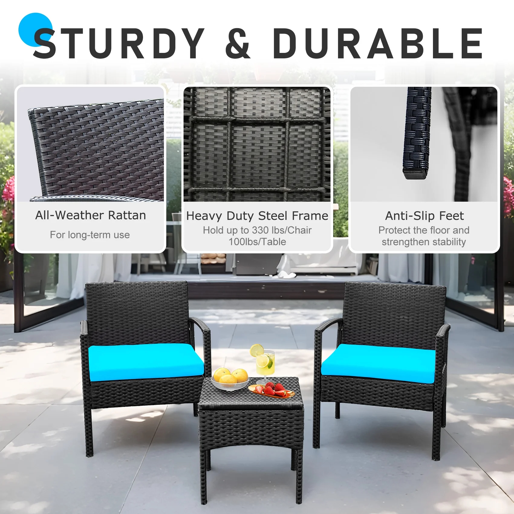 Tappio Outdoor Furniture 3 Piece Patio Bistro Furniture Set, Rattan Conversation Chairs Set with Side Table and Cushions, Patio Furniture Sets for Balcony Garden Porch