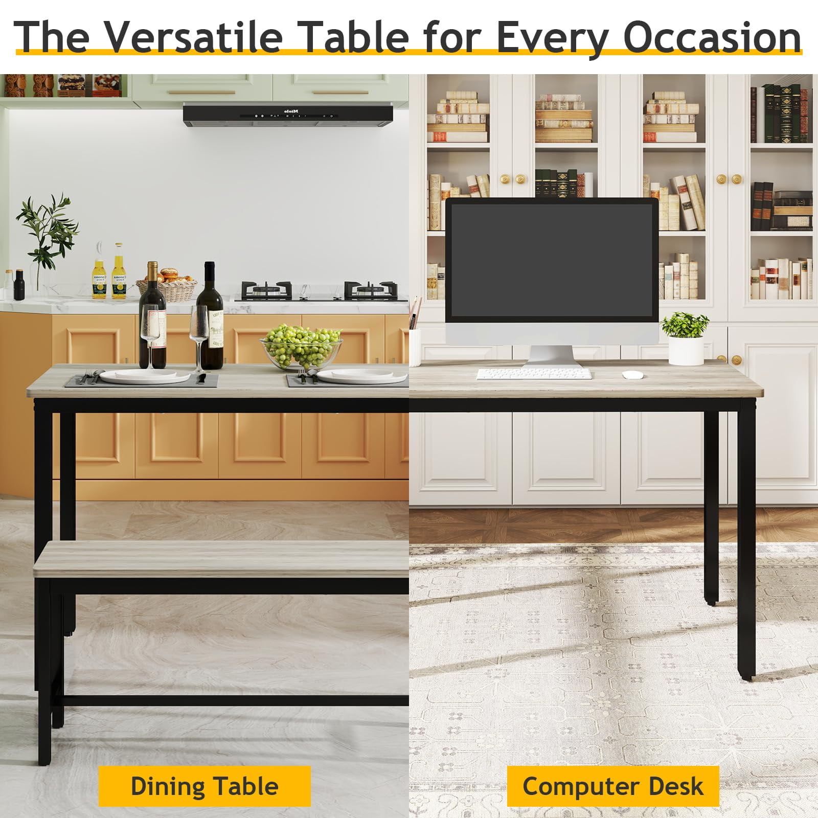 Tappio Dining Table Chairs Set for 4, Space Saving Kitchen Room Bar Table with 2 Benches, Adjustable Feet, Wooden Industrial Style Farmhouse, Gray