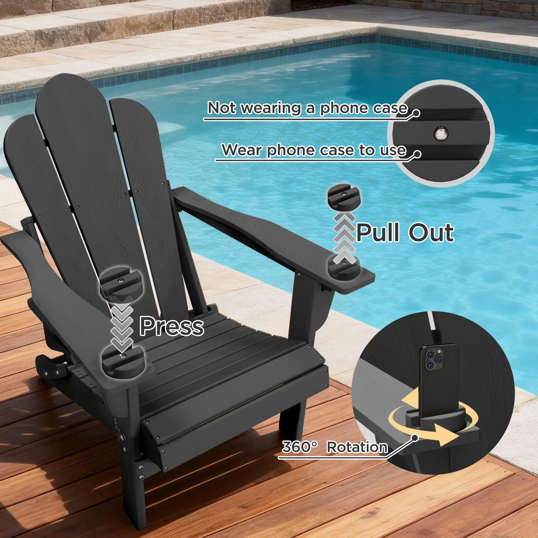 Tappio Folding Adirondack Chair All Weather HDPE Outdoor Patio Chairs with 3- Position Adjustable Backrest, Detachable Multifunctional Holders and Cup Holders, Fire Pit Chairs