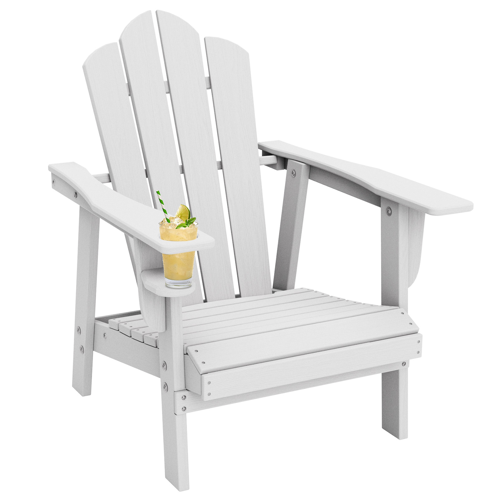 Tappio Adirondack Chair, All Weather Outdoor Patio Chair with Cup Holder, Porch Poolside Chair for Lawn, Yard, White