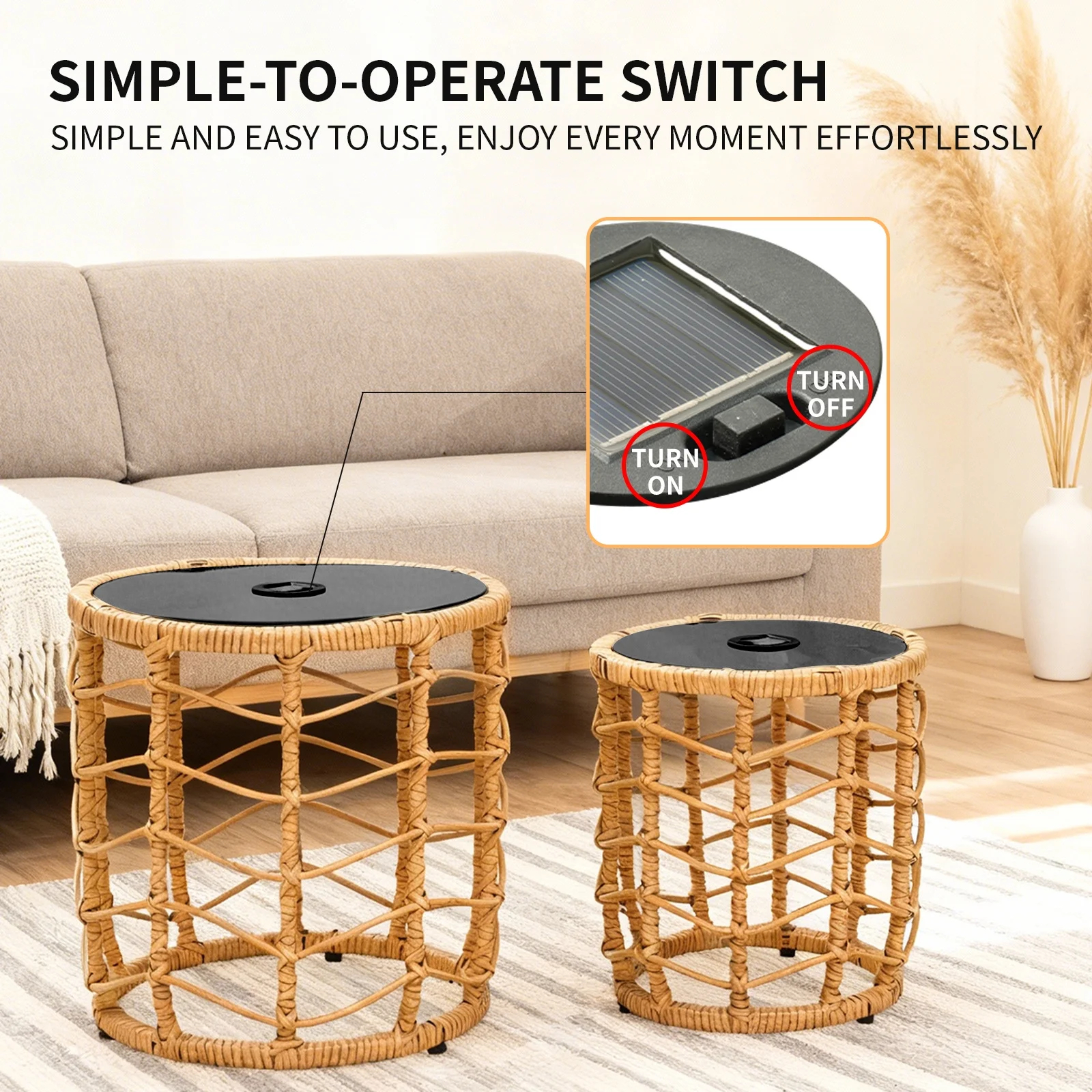 Tappio Round Side Table with Built-in Solar Light Set of 2, Tempered Glass Top End Table with Adjustable Foot Pads, All-Weather Wicker Nesting Tables Bistro Table for Patio, Porch, Garden and Indoor