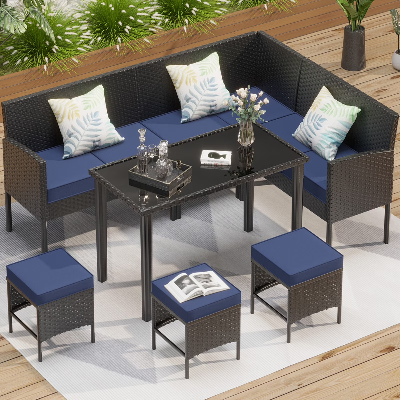 Tappio Outdoor Rattan Loveseat, Patio Rattan Conversation Set Seat Sofa Cushioned Loveseat Table Chairs with Built-in Coffee Table