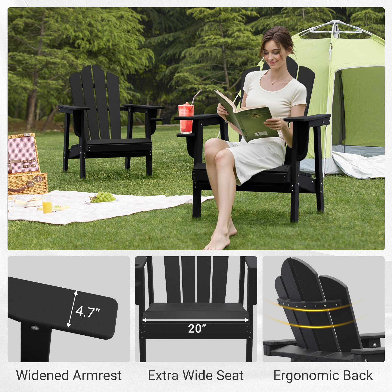 Tappio Adirondack Chair, All Weather Outdoor Patio Chair with Cup Holder, Porch Poolside Chair for Lawn, Yard, Black