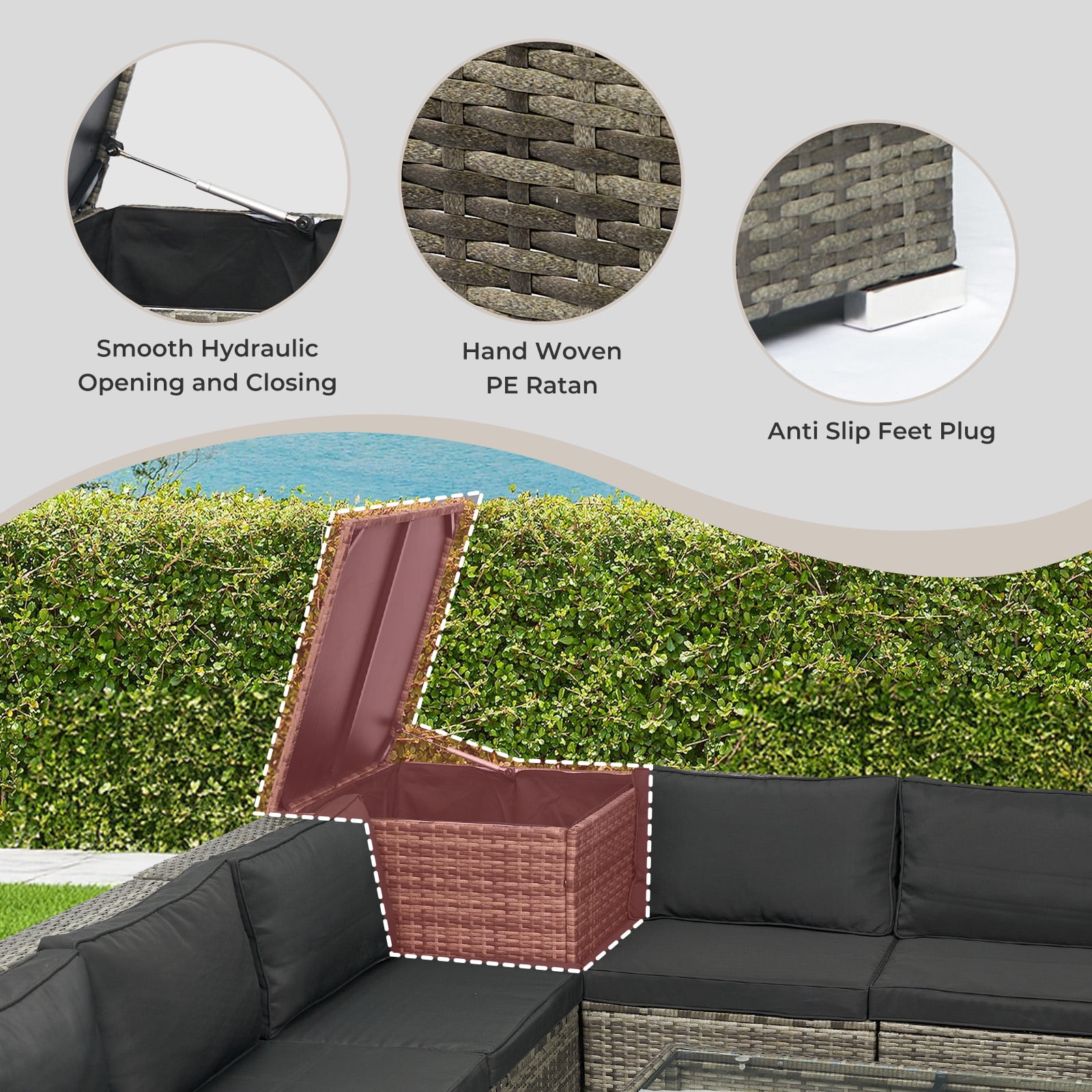 Tappio 10 Pieces Rattan Patio Furniture Set, Patio Conversation Set with Deck Box and Side Table Outdoor Sectional Furniture Set for Patio, Garden, Backyard, Grey/Black ﻿