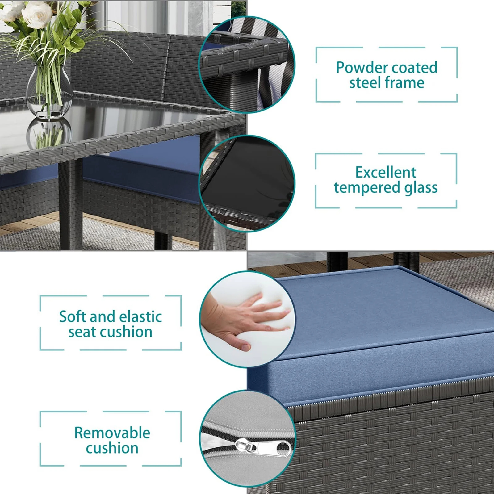 Tappio Outdoor Rattan Loveseat, Patio Rattan Conversation Set Seat Sofa Cushioned Loveseat Table Chairs with Built-in Coffee Table