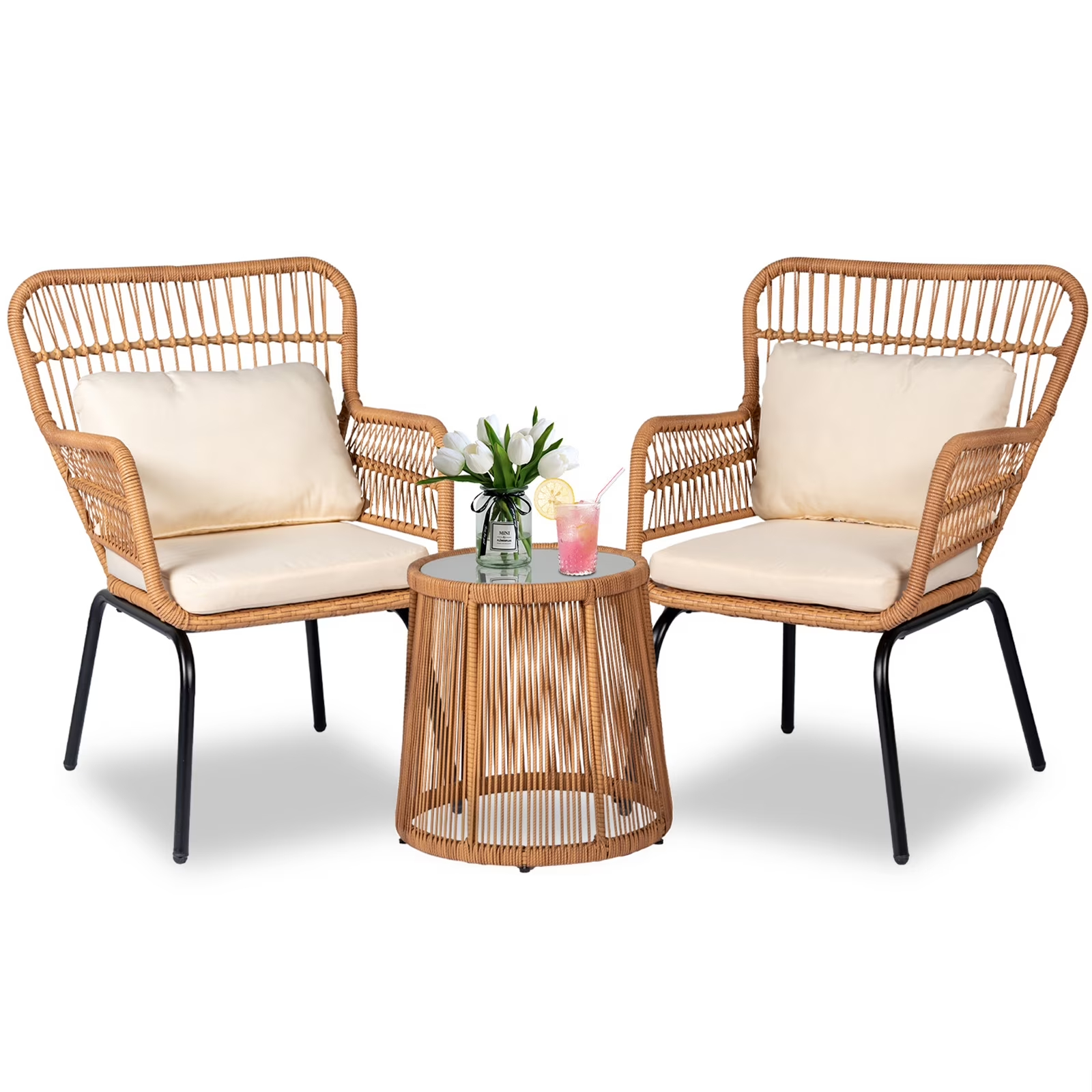 Tappio 3-Piece Patio Conversation Bistro Set Rattan Furniture, Outdoor Patio Set w/Glass Top Table & Cushions for Garden Balcony Backyard Poolside