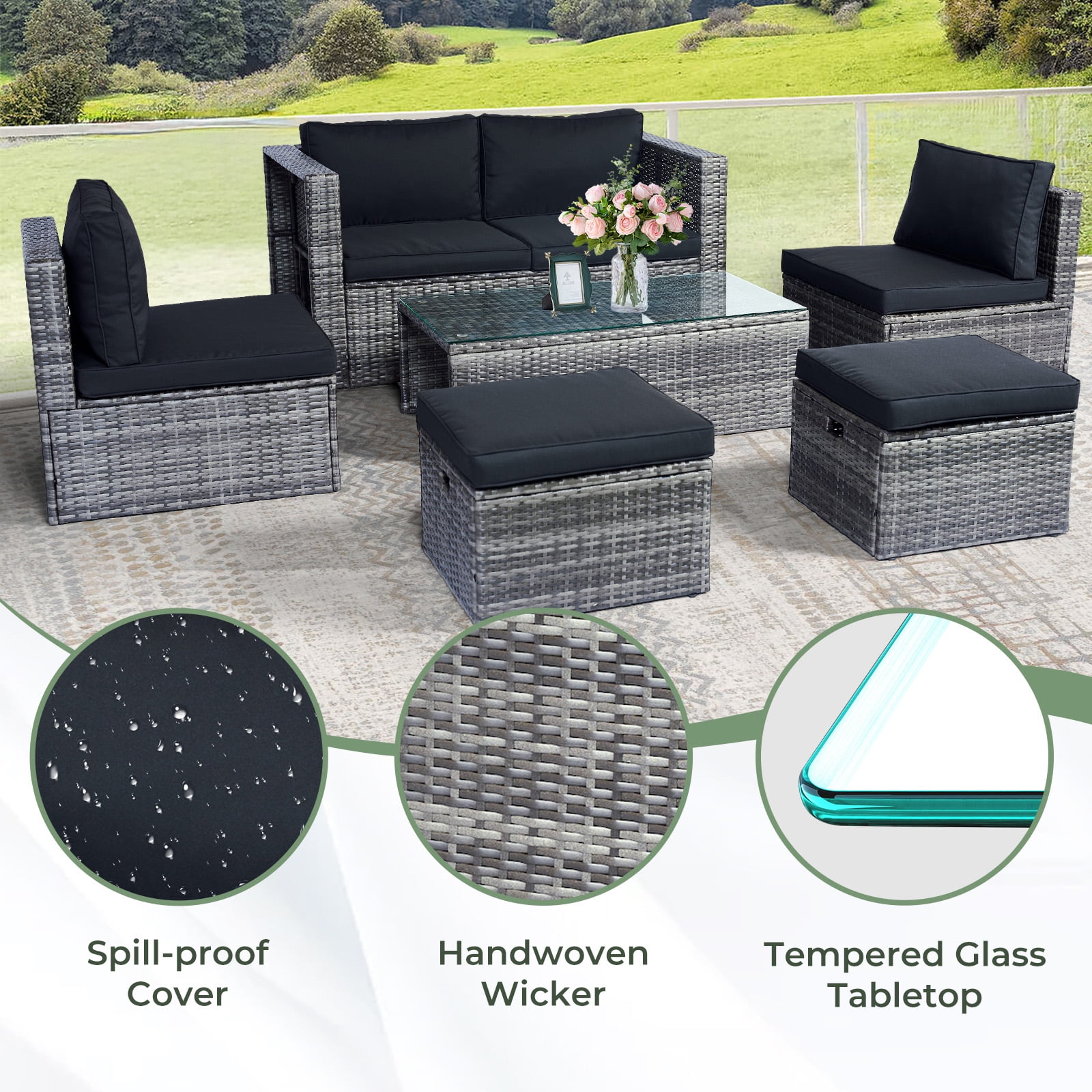 Tappio 7-Piece Rattan Patio Furniture Set, Storable Patio Conversation Set Outdoor Sectional Furniture Set for Patio, Garden, Backyard, Grey/Black