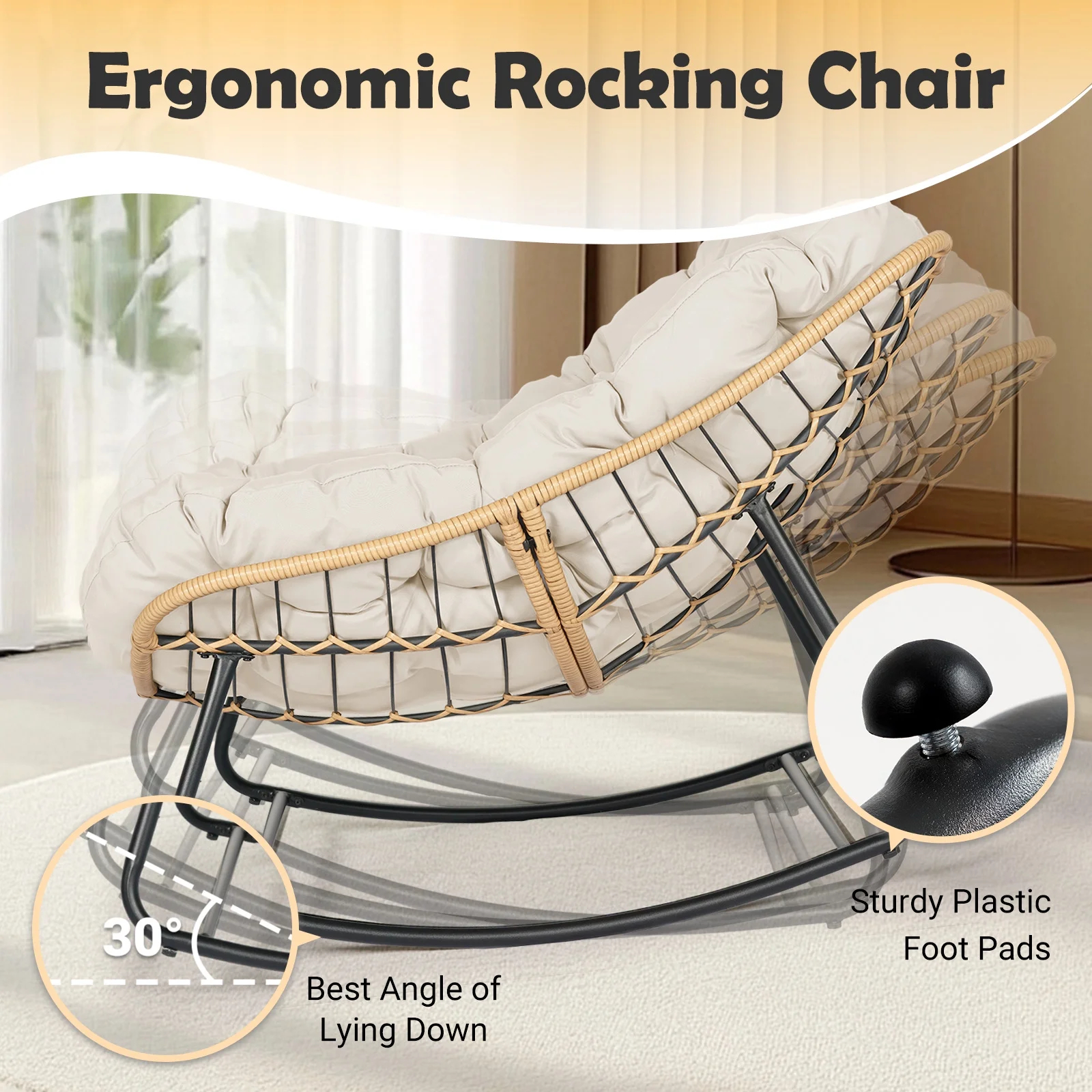 Tappio Outdoor Rocking Egg Chair, Indoor Papasan Chair Rattan Patio Wicker Lounge with Thick Cushion for Bedroom Living Room Garden Porch Backyard