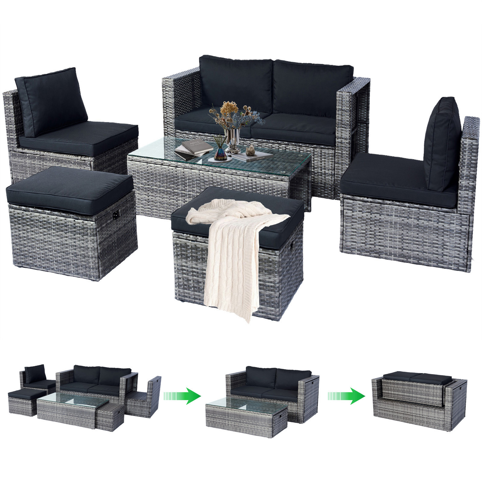 Tappio 7-Piece Rattan Patio Furniture Set, Storable Patio Conversation Set Outdoor Sectional Furniture Set for Patio, Garden, Backyard, Grey/Black