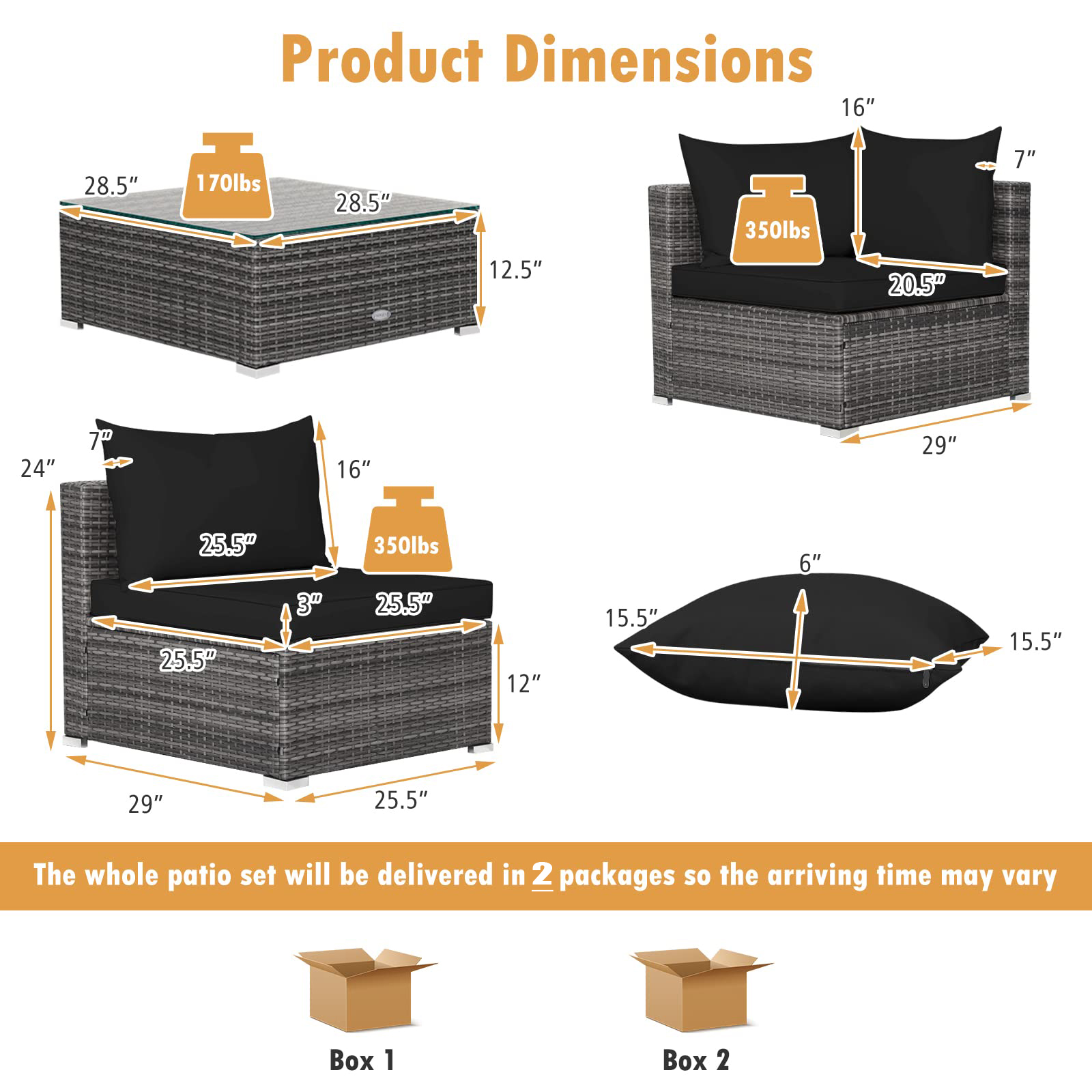 Tappio 7 Pieces Outdoor Patio Furniture Sets, PE Rattan Wicker Patio Conversation Sectional Set with Washable Thick Cushions and Tea Table, Gray/Black