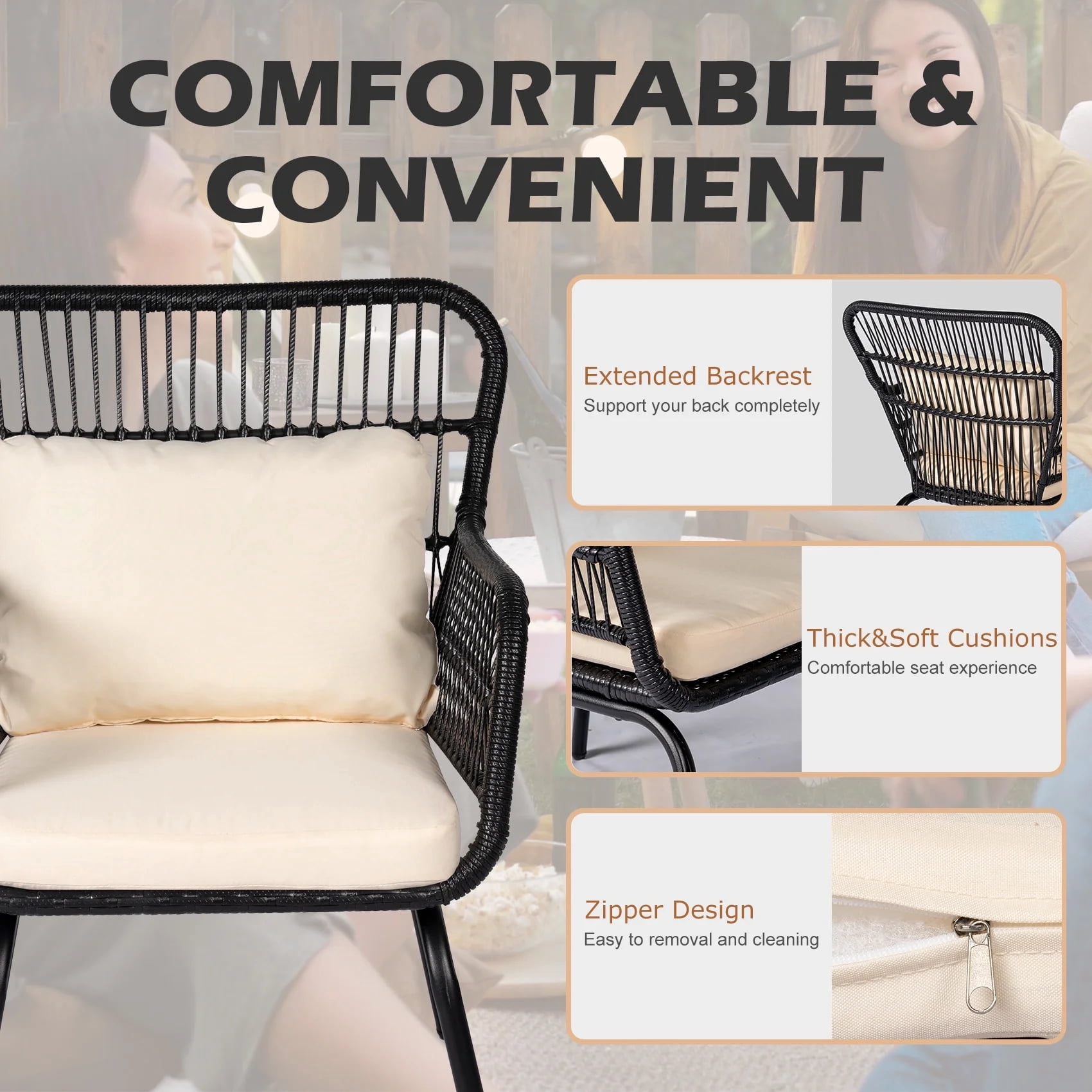 Tappio 3-Piece Patio Conversation Bistro Set Rattan Furniture, Outdoor Patio Set w/Glass Top Table & Cushions for Garden Balcony Backyard Poolside